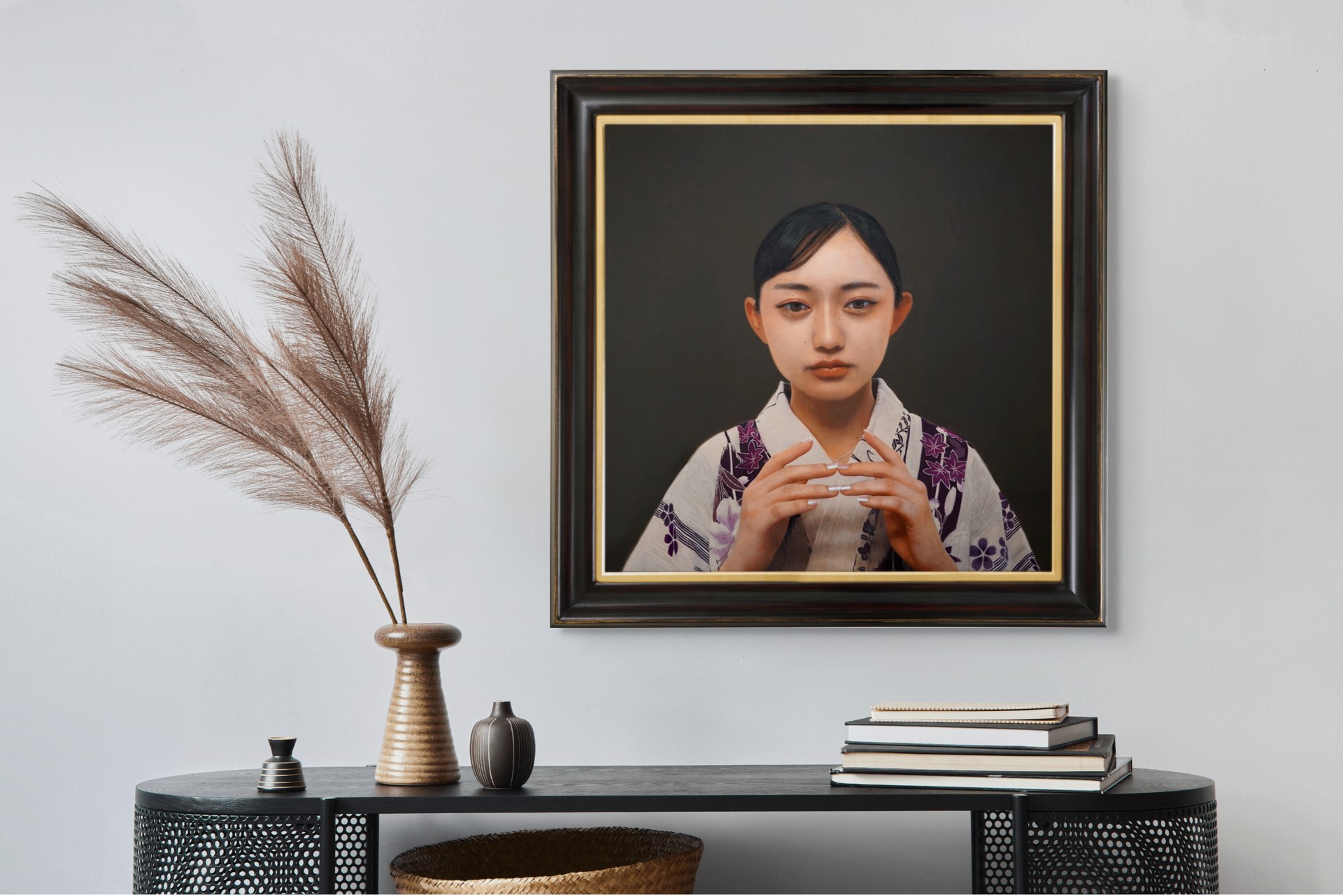 A painting of a woman in a kimono holding her hands together.