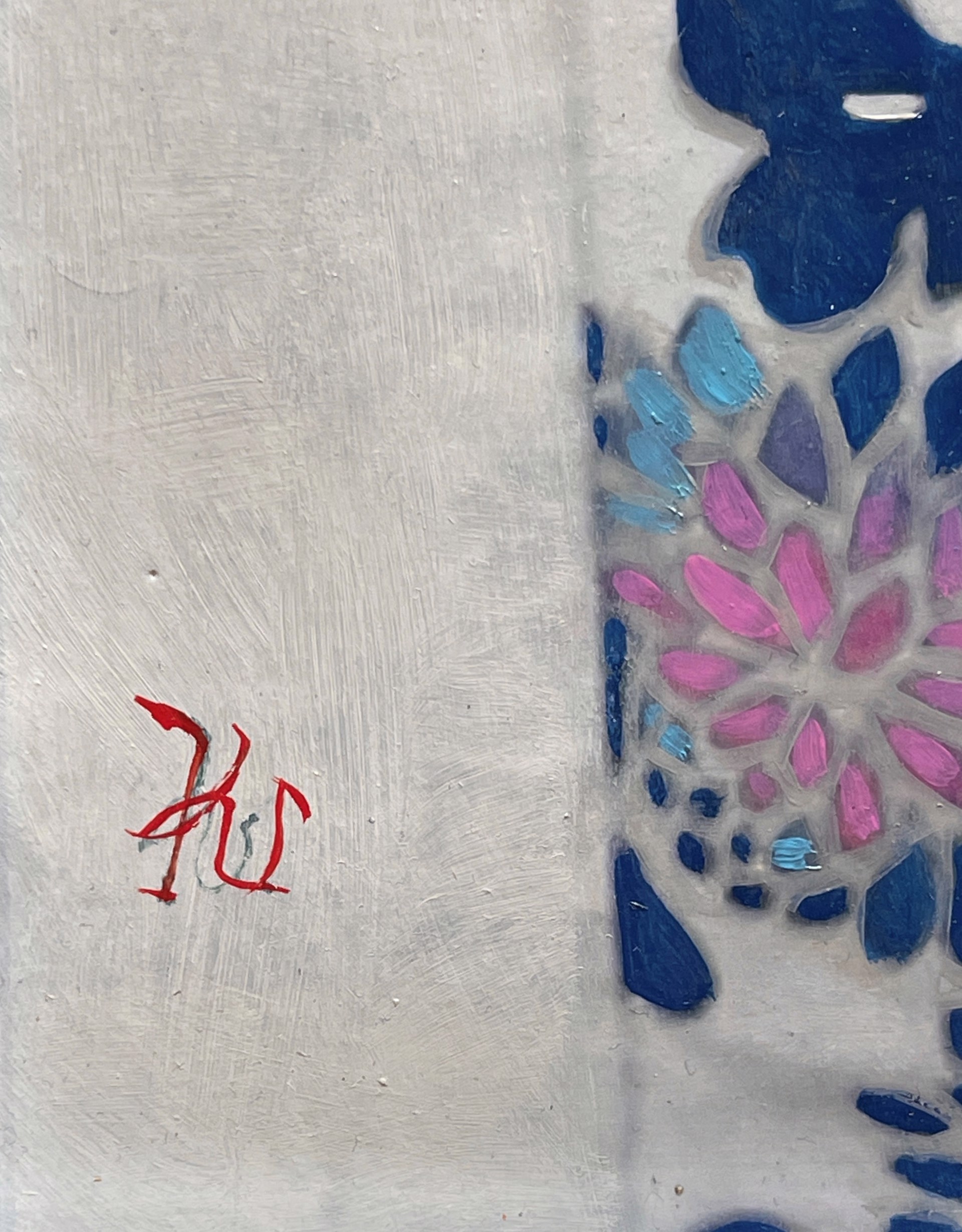 A portrait of a figure in a floral kimono with hands raised to the head.