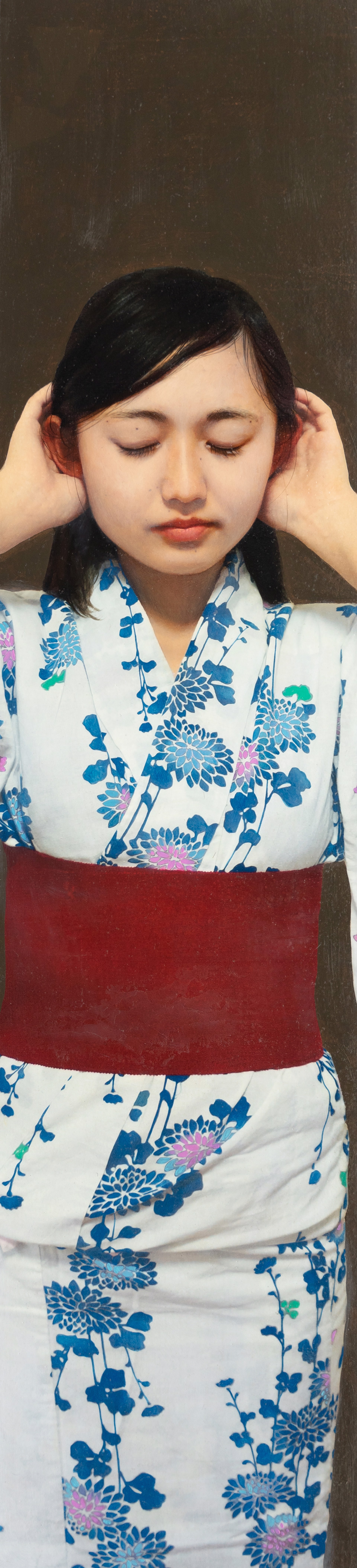 A portrait of a figure in a floral kimono with hands raised to the head.