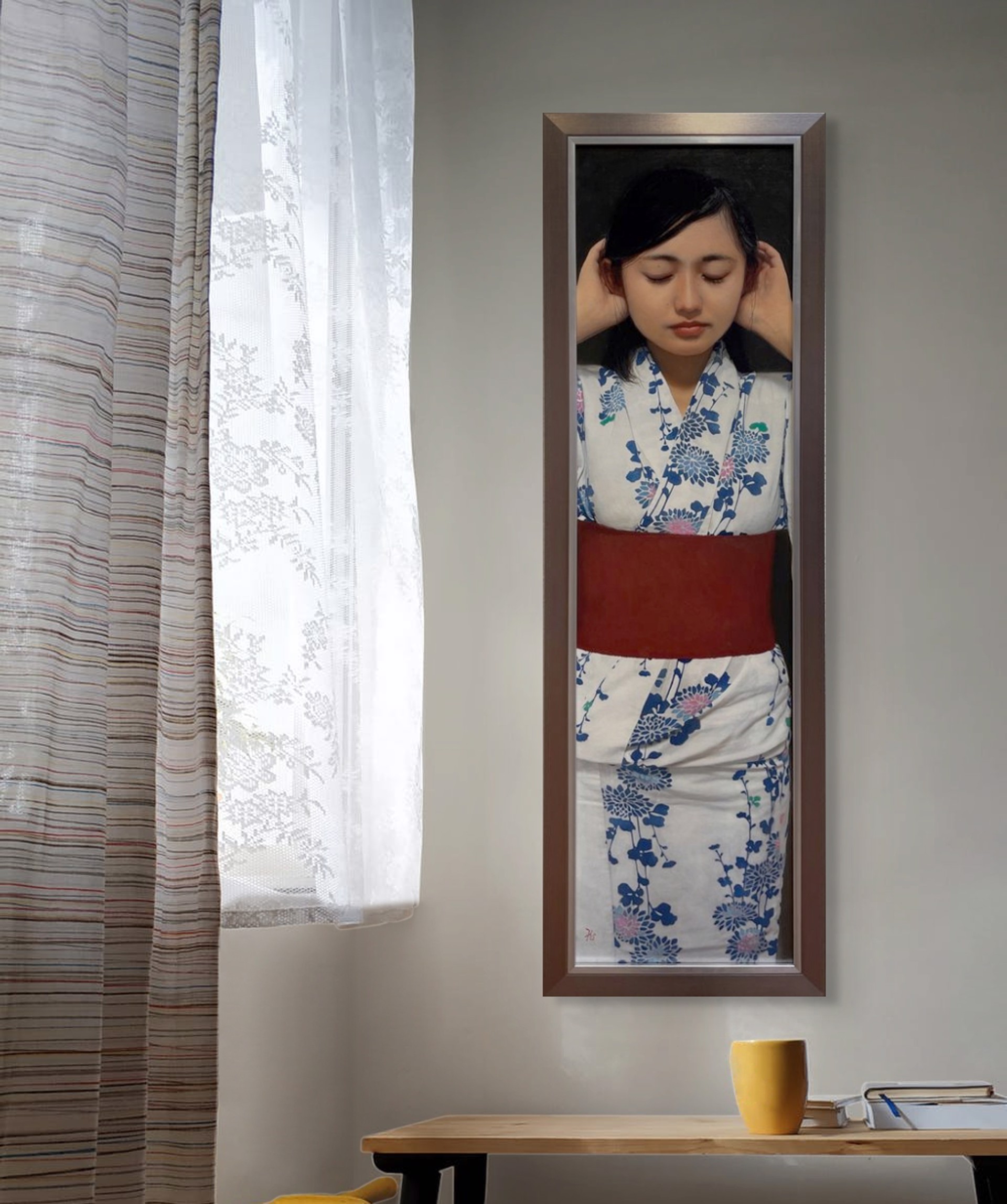 A portrait of a figure in a floral kimono with hands raised to the head.