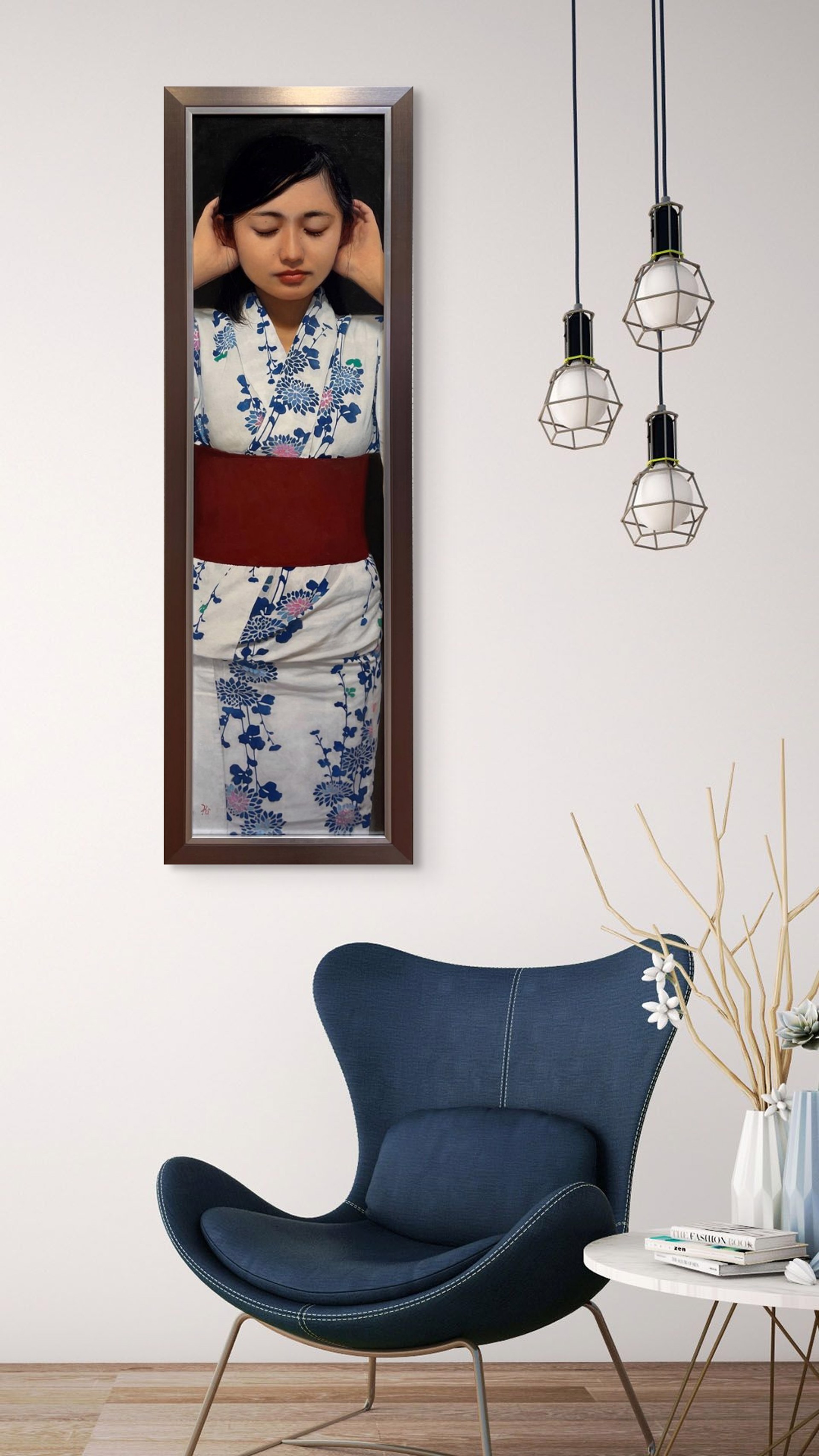 A portrait of a figure in a floral kimono with hands raised to the head.