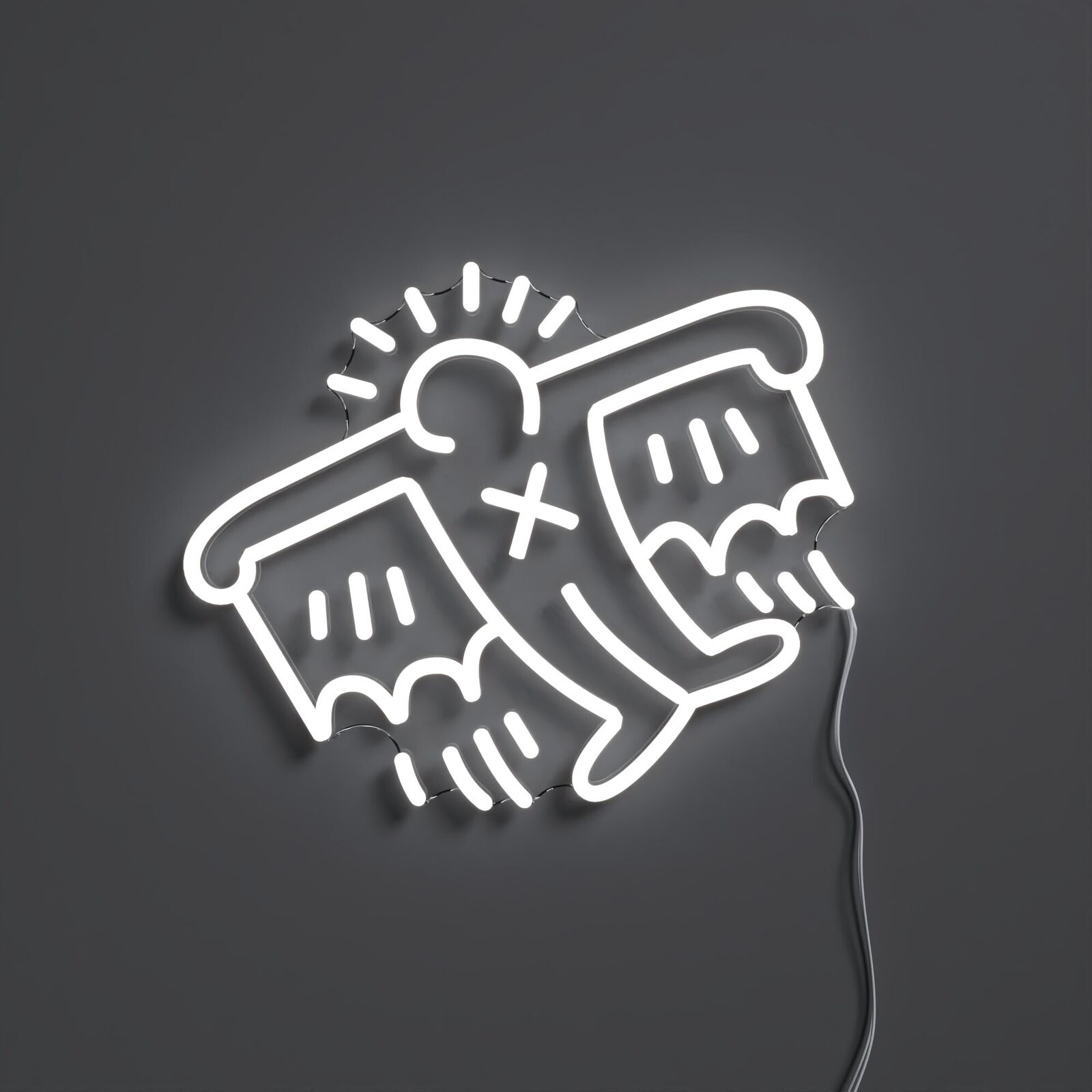 Artwork by Keith Haring, Flying Man, Made of Cold white neon mounted on clear acrylic with adjustable touch dimmer 