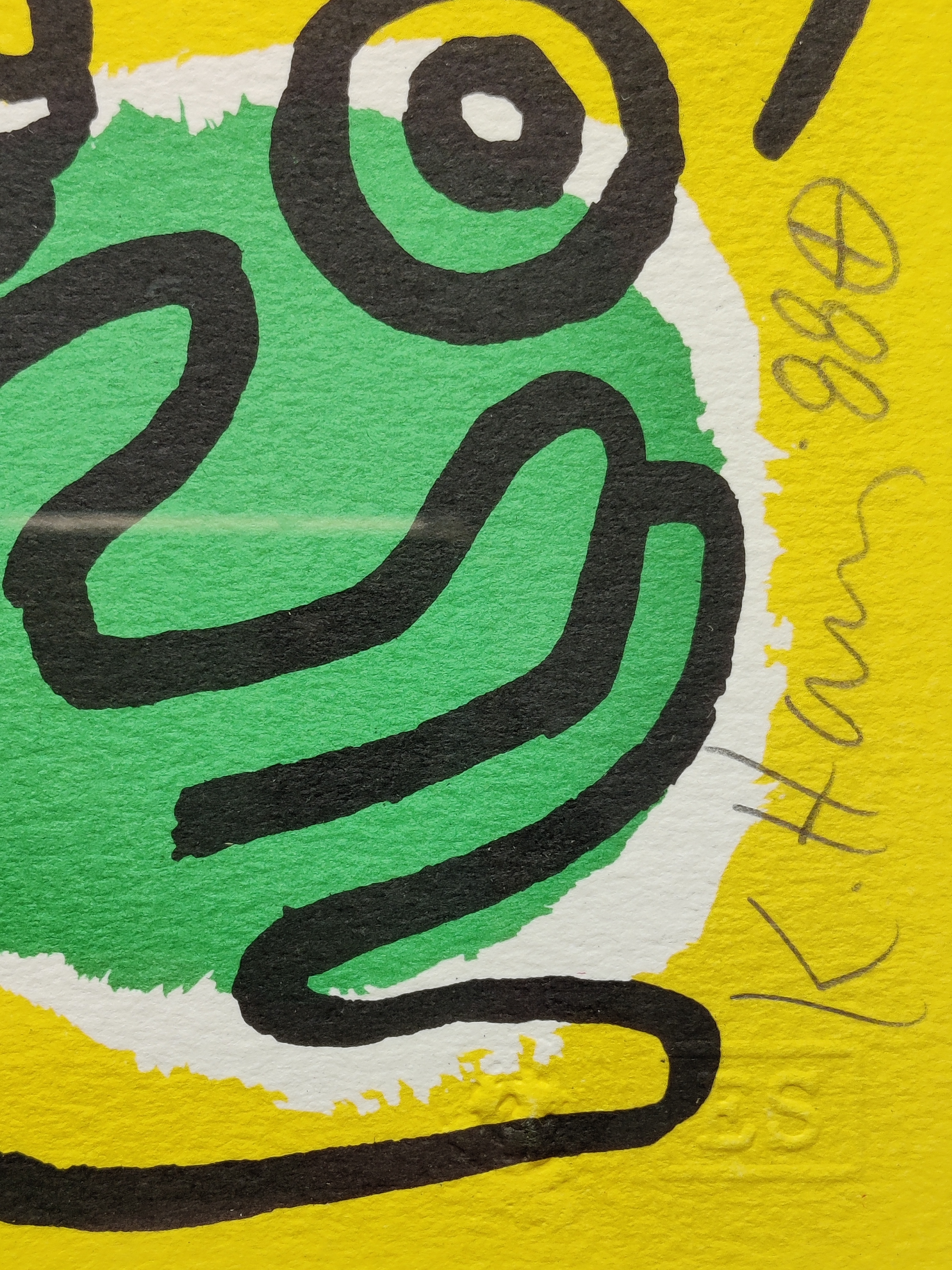 A painting of a red and yellow abstract painting on a yellow background.