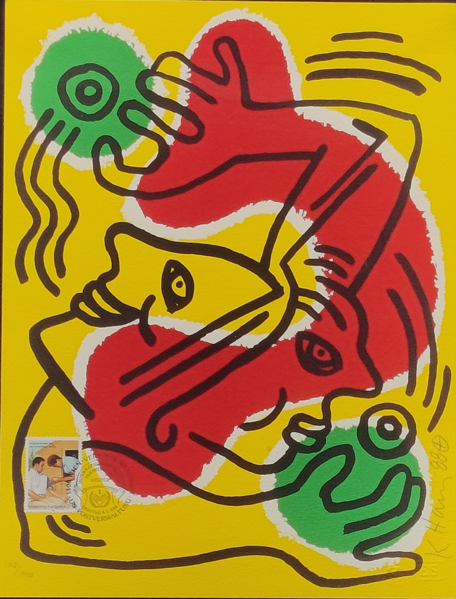 A painting of a red and yellow abstract painting on a yellow background.