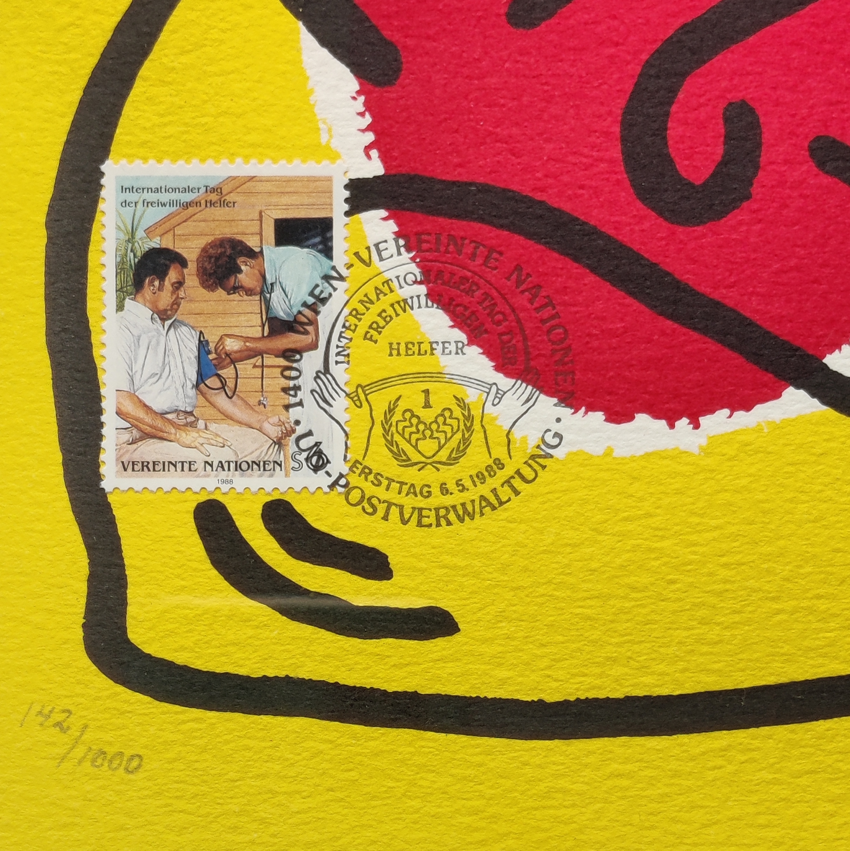 A painting of a red and yellow abstract painting on a yellow background.