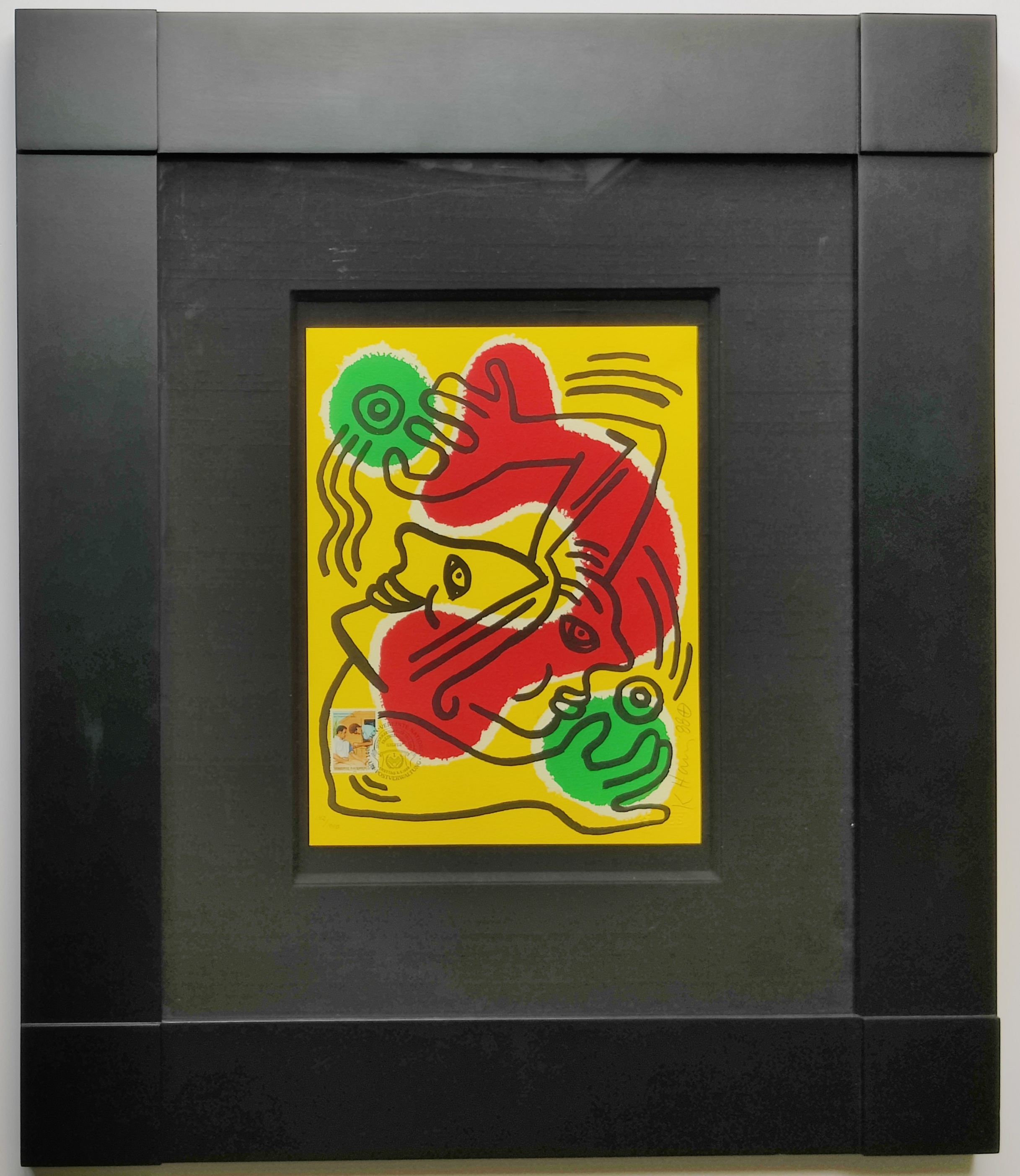 A painting of a red and yellow abstract painting on a yellow background.