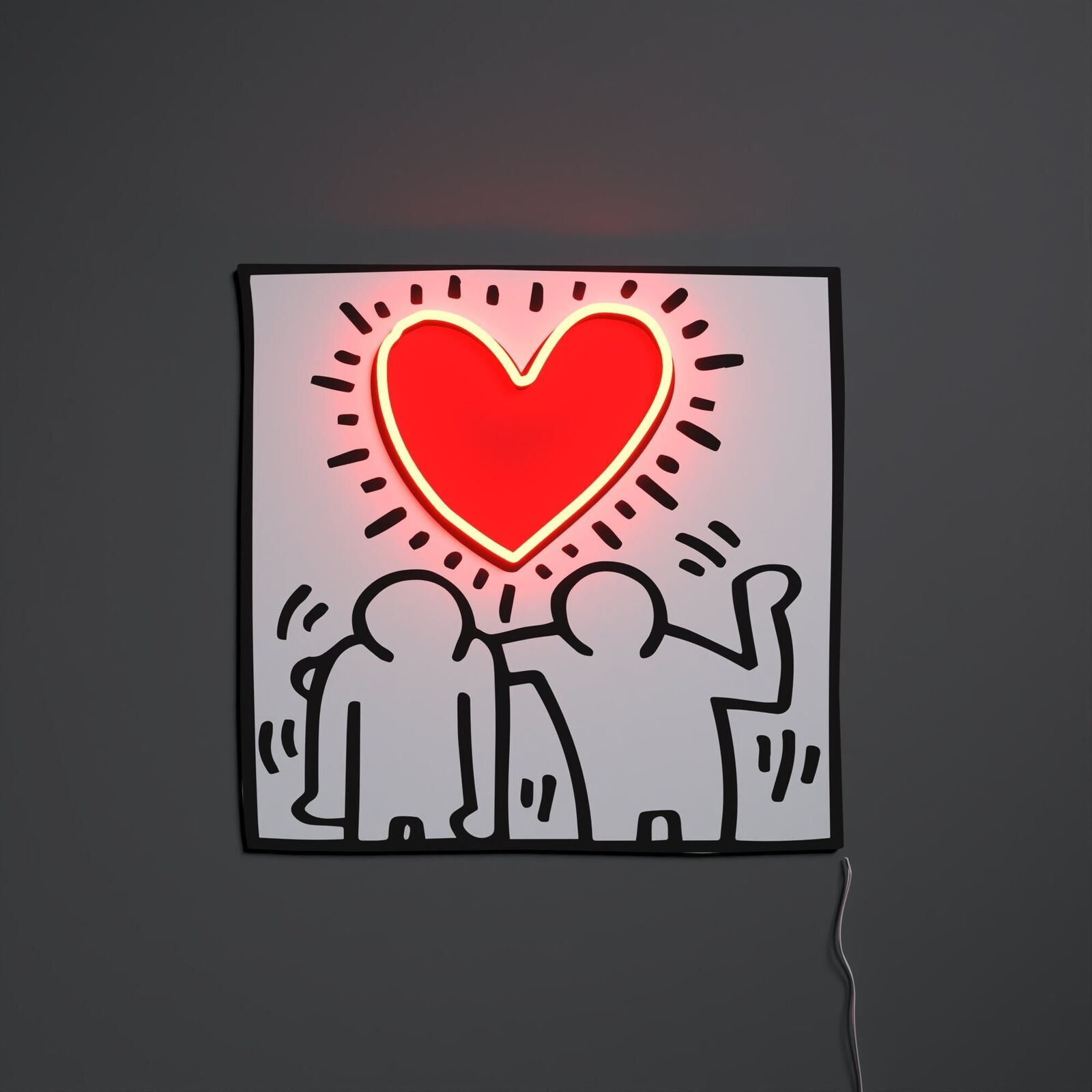 Artwork by Keith Haring, Love People, Made of Handcrafted neon artwork mounted on clear acrylic with adjustable touch dimmer 