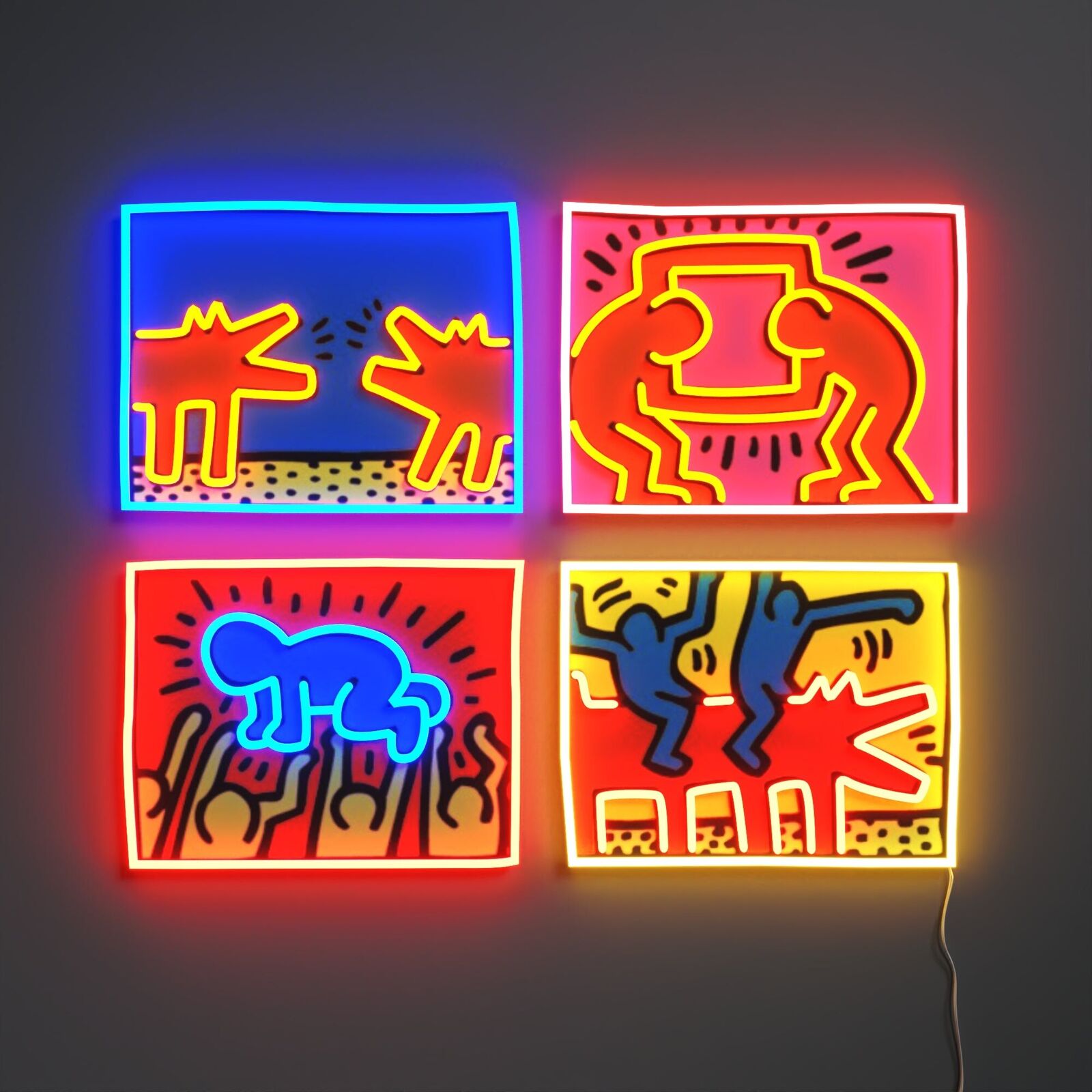 Artwork by Keith Haring, Mix Colored, Made of Multicolored neon art mounted on 5mm clear acrylic with adjustable brightness with a dimmer 