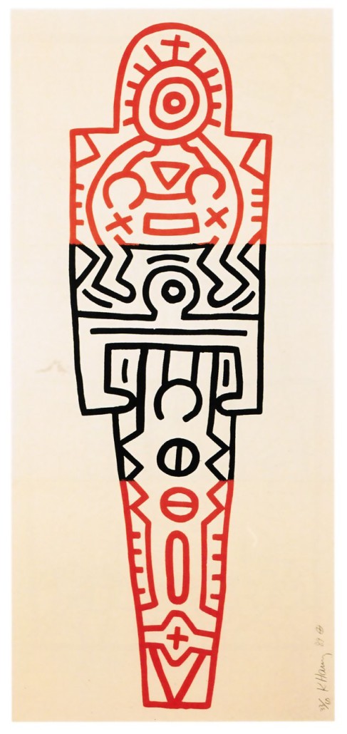 Artwork by Keith Haring, Totem, Made of Woodcut on three sheets of paper 