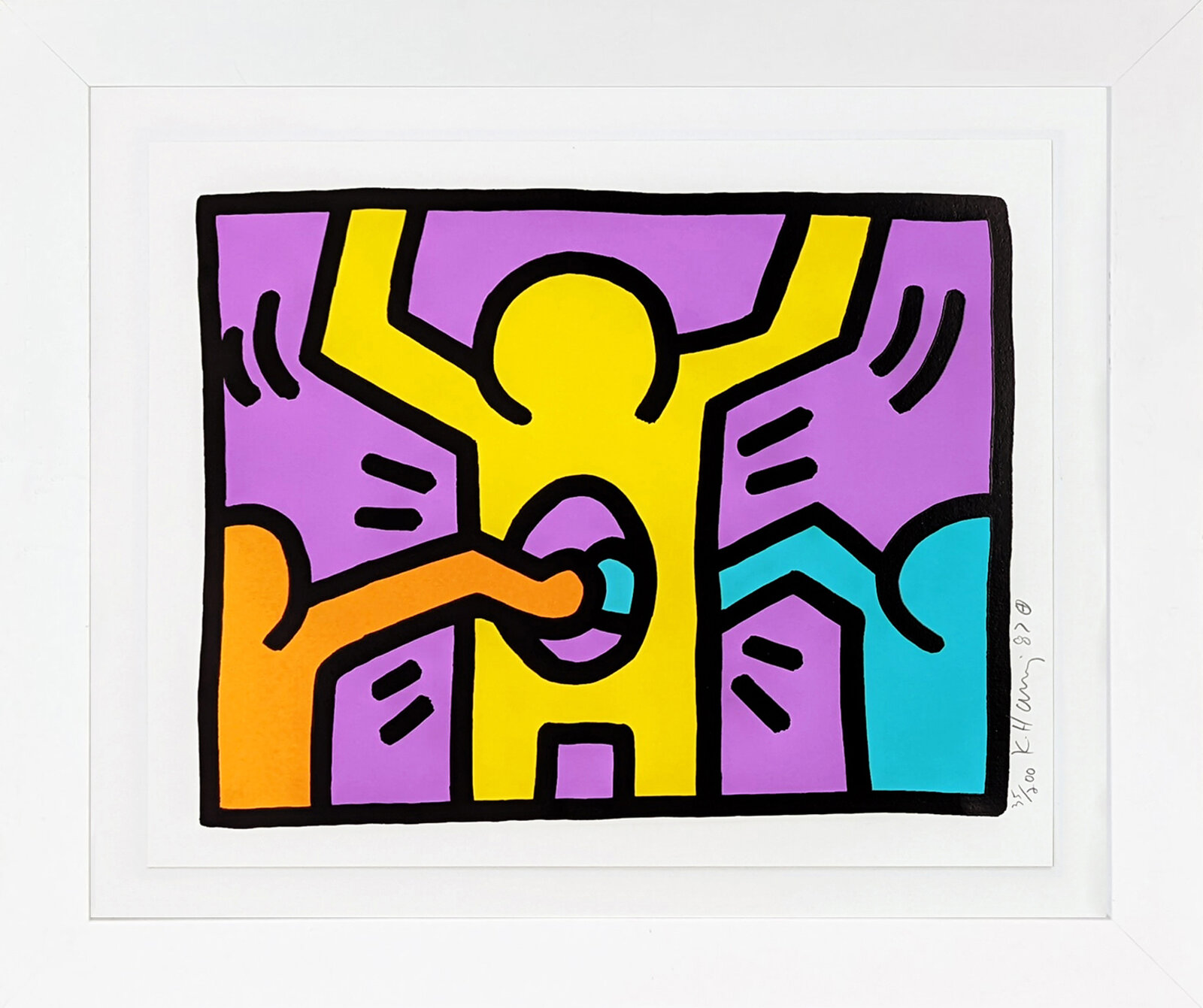 A bold, graphic print featuring a yellow figure with raised arms against a vibrant purple background.