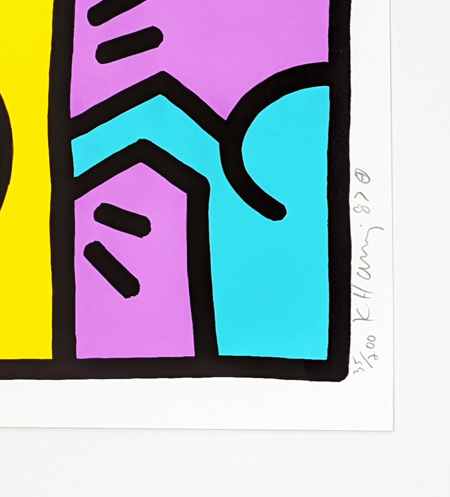 A bold, graphic print featuring a yellow figure with raised arms against a vibrant purple background.