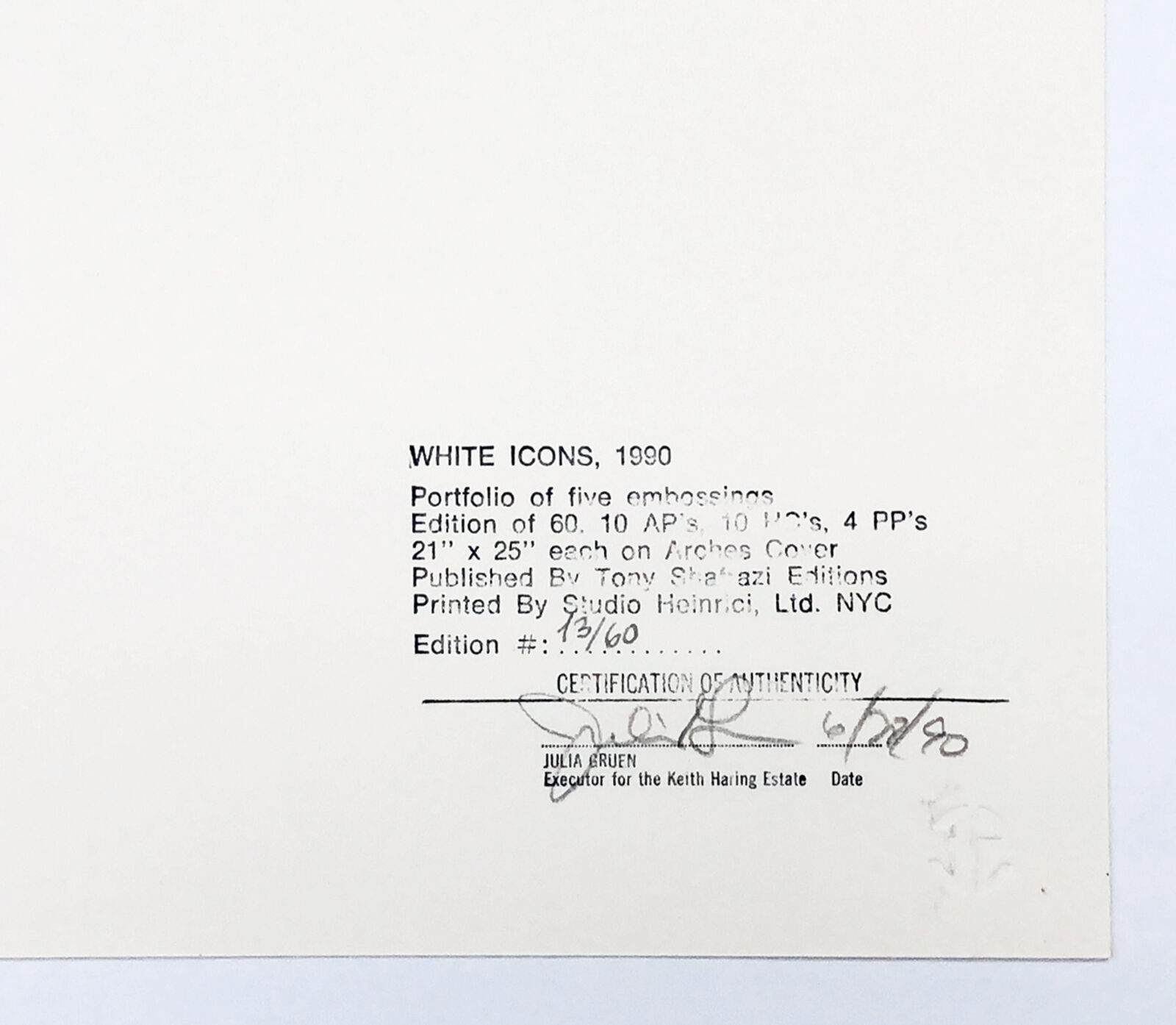 Artwork by Keith Haring, WHITE ICONS (COMPLETE SERIES OF 5), Made of Embossing On Arches Cover Paper 
