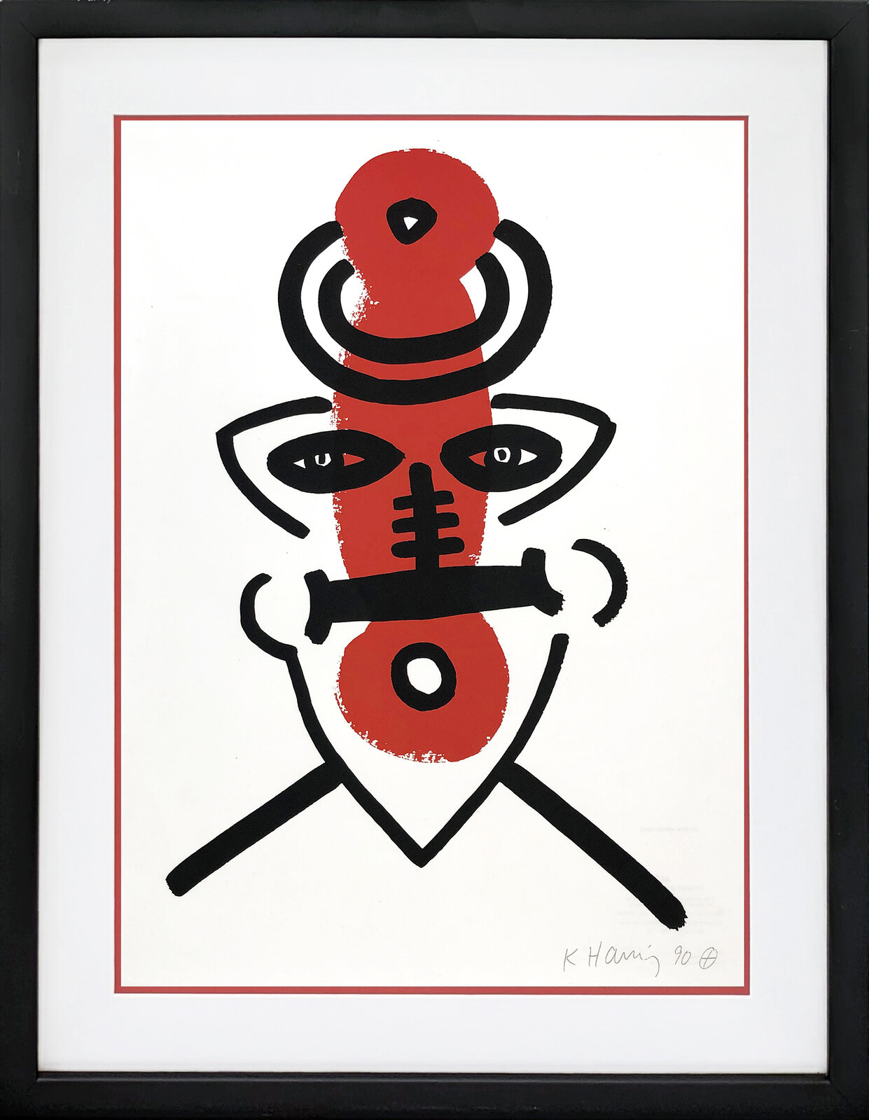 A bold graphic portrait featuring a stylized face with red and black elements against a white background.