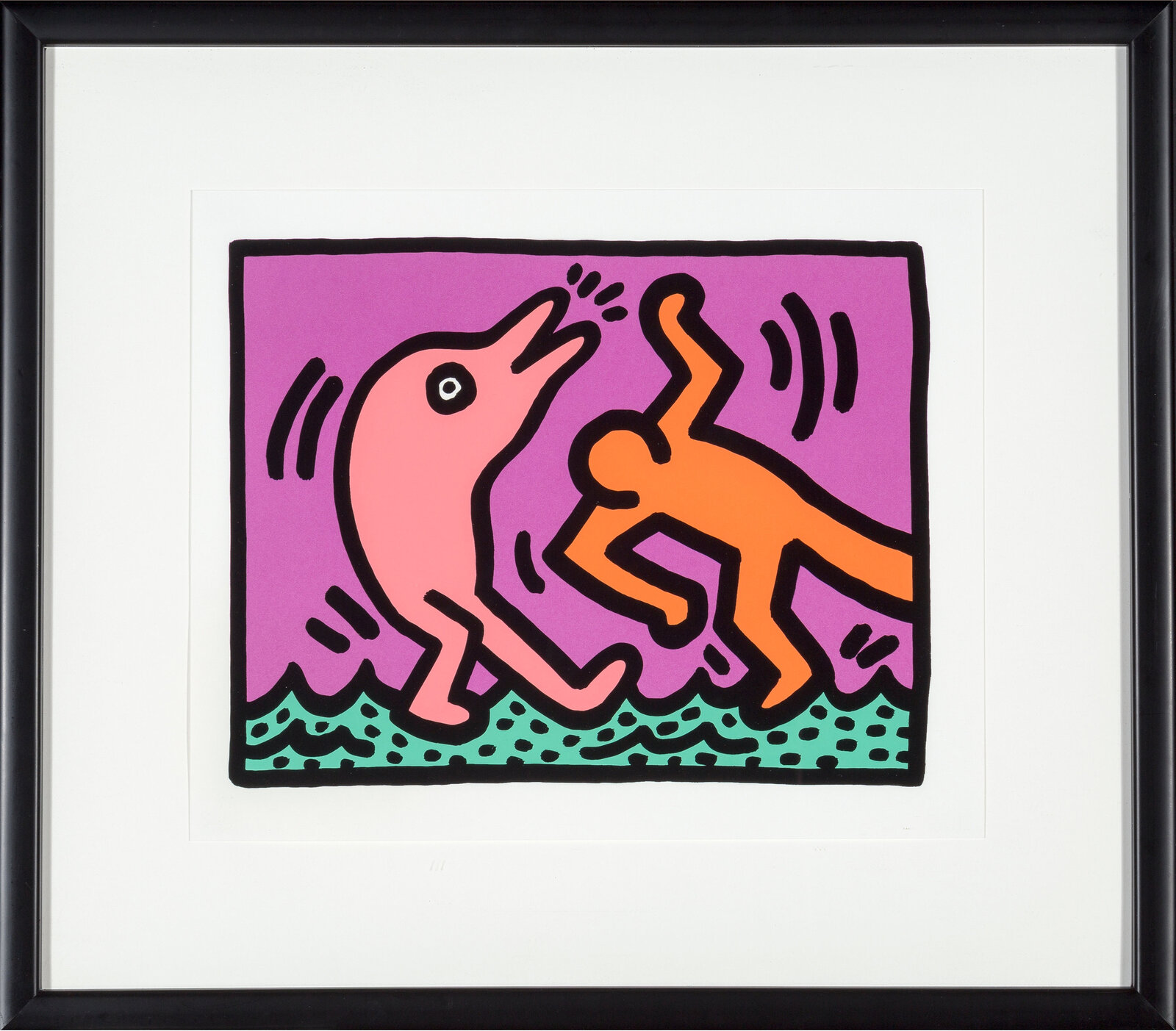 A vibrant pop-art print depicting a pink dolphin and an orange figure in dynamic motion against a purple background.
