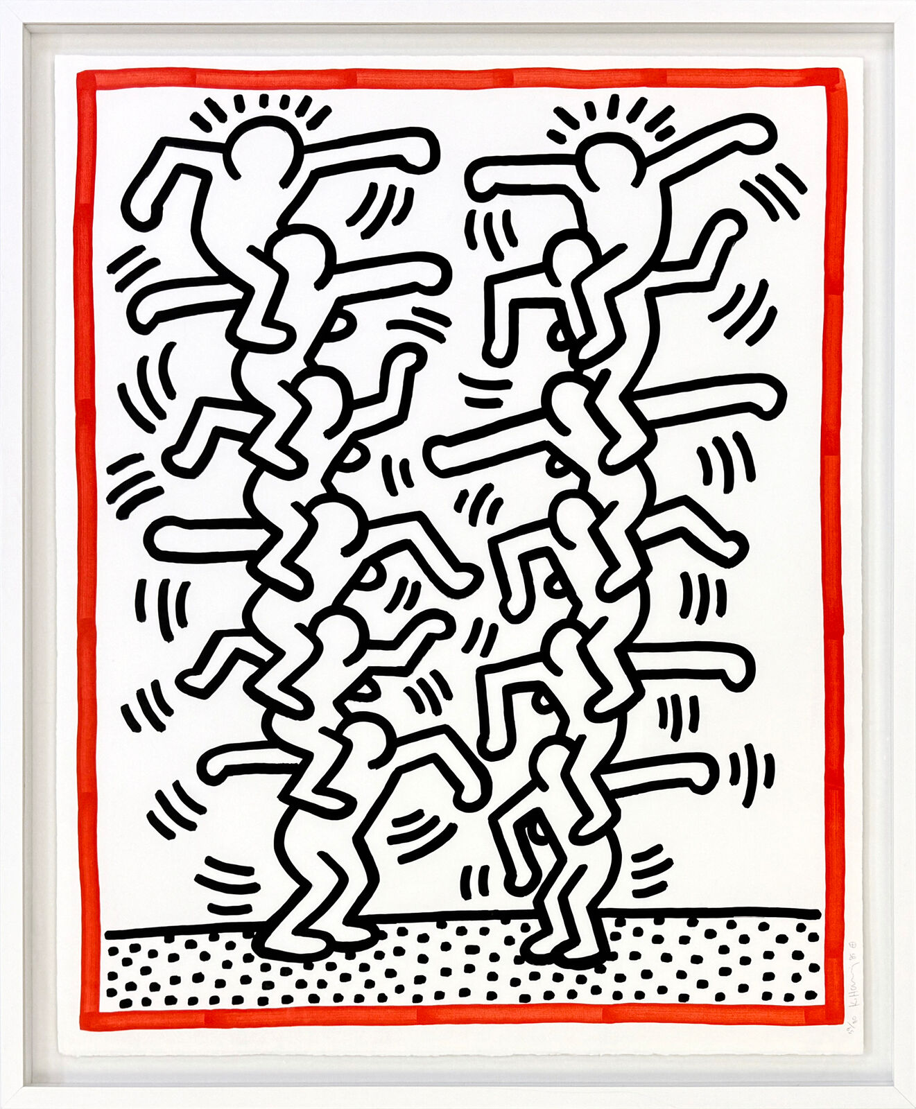 A black and white drawing of a group of people dancing.