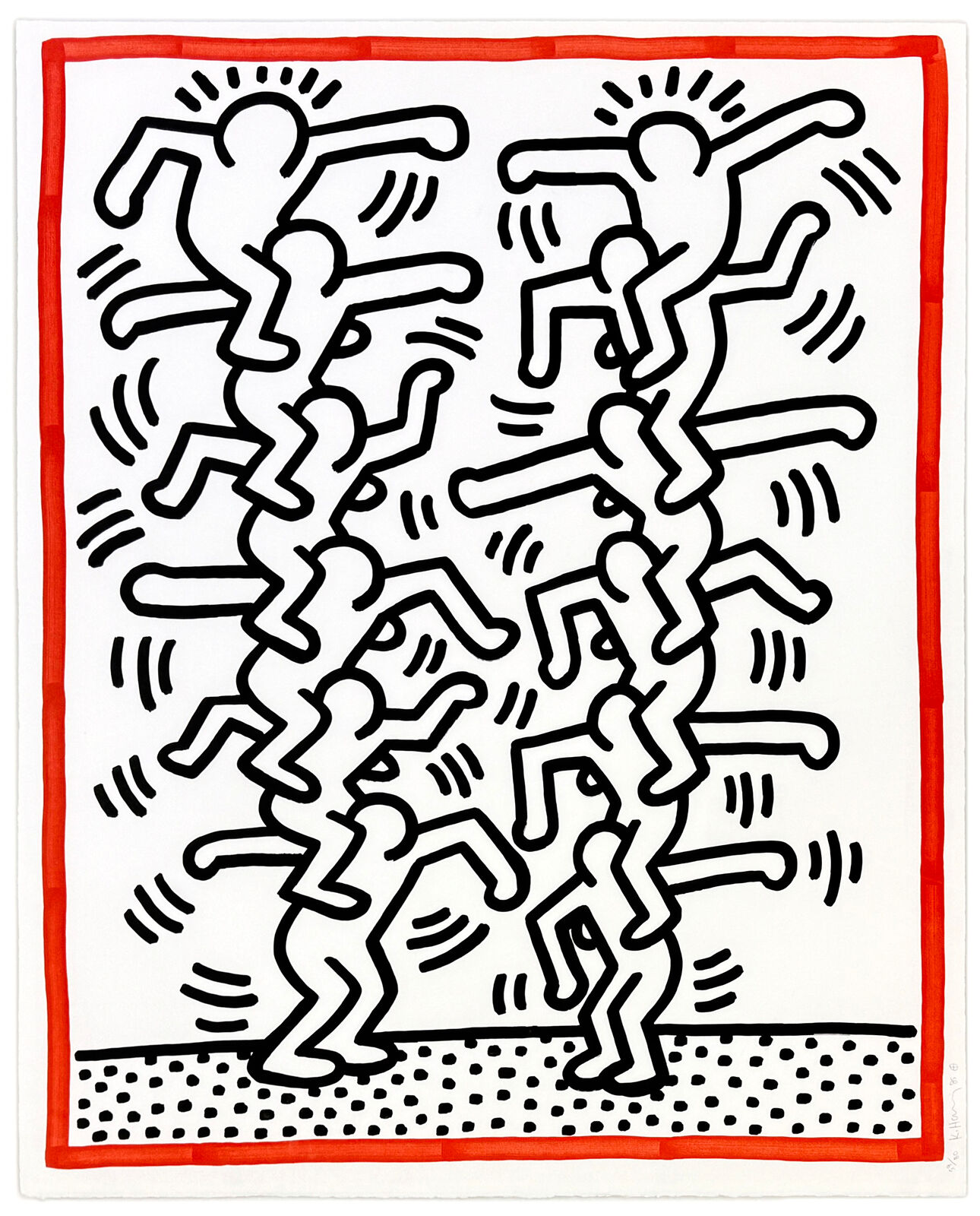 A black and white drawing of a group of people dancing.