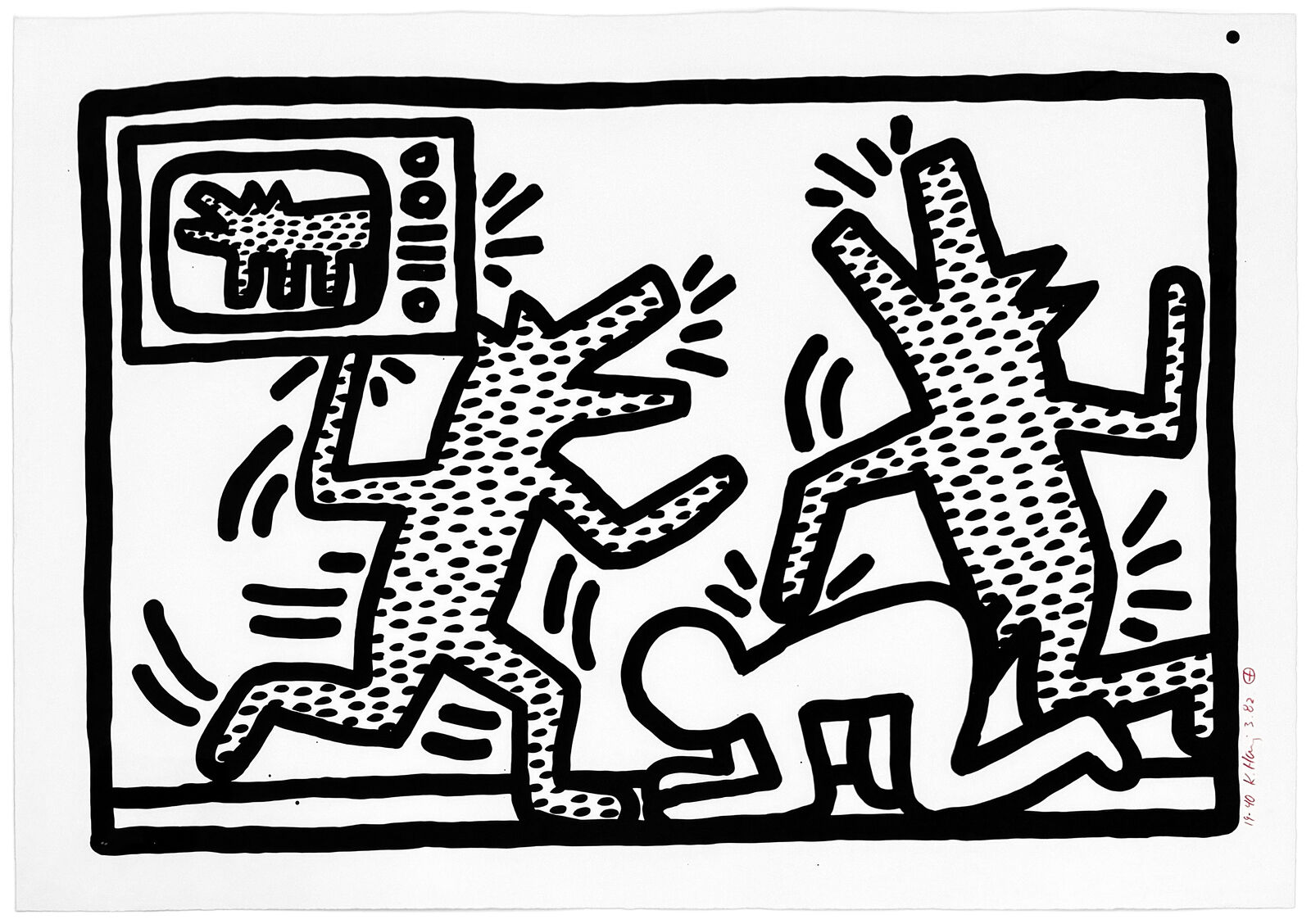 A black and white drawing of two people playing with a dog.