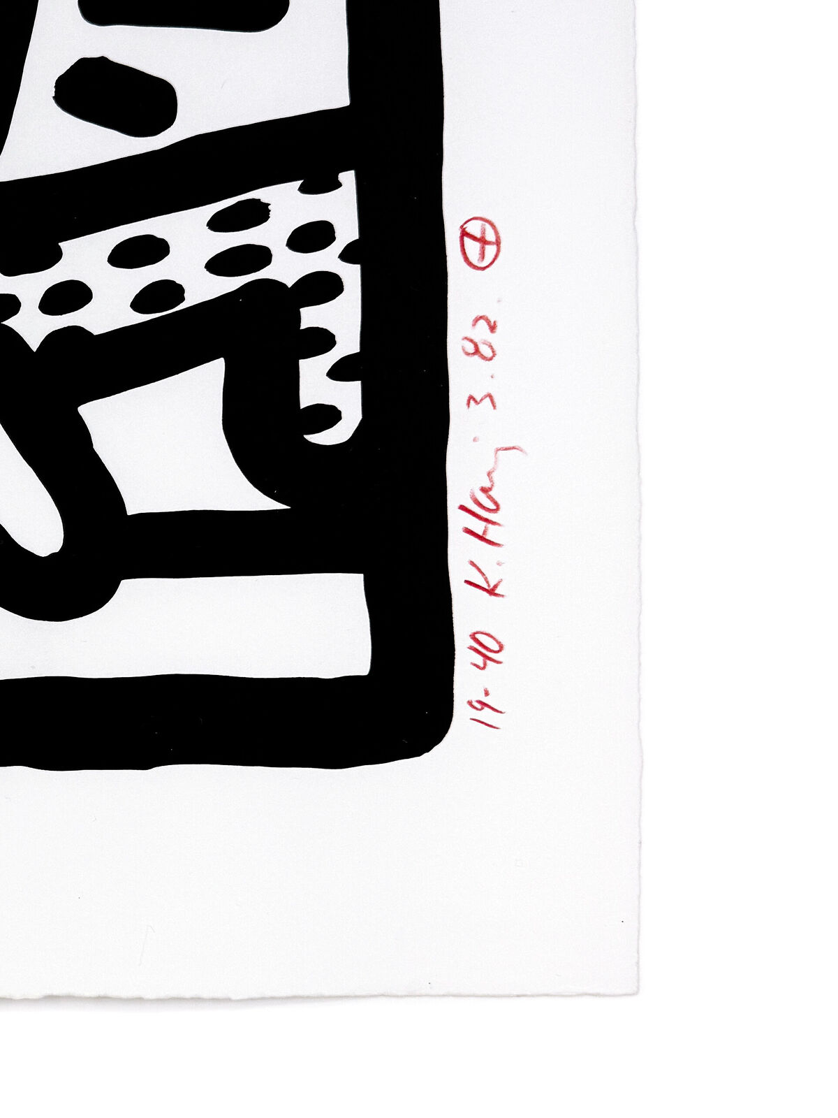 A black and white drawing of two people playing with a dog.