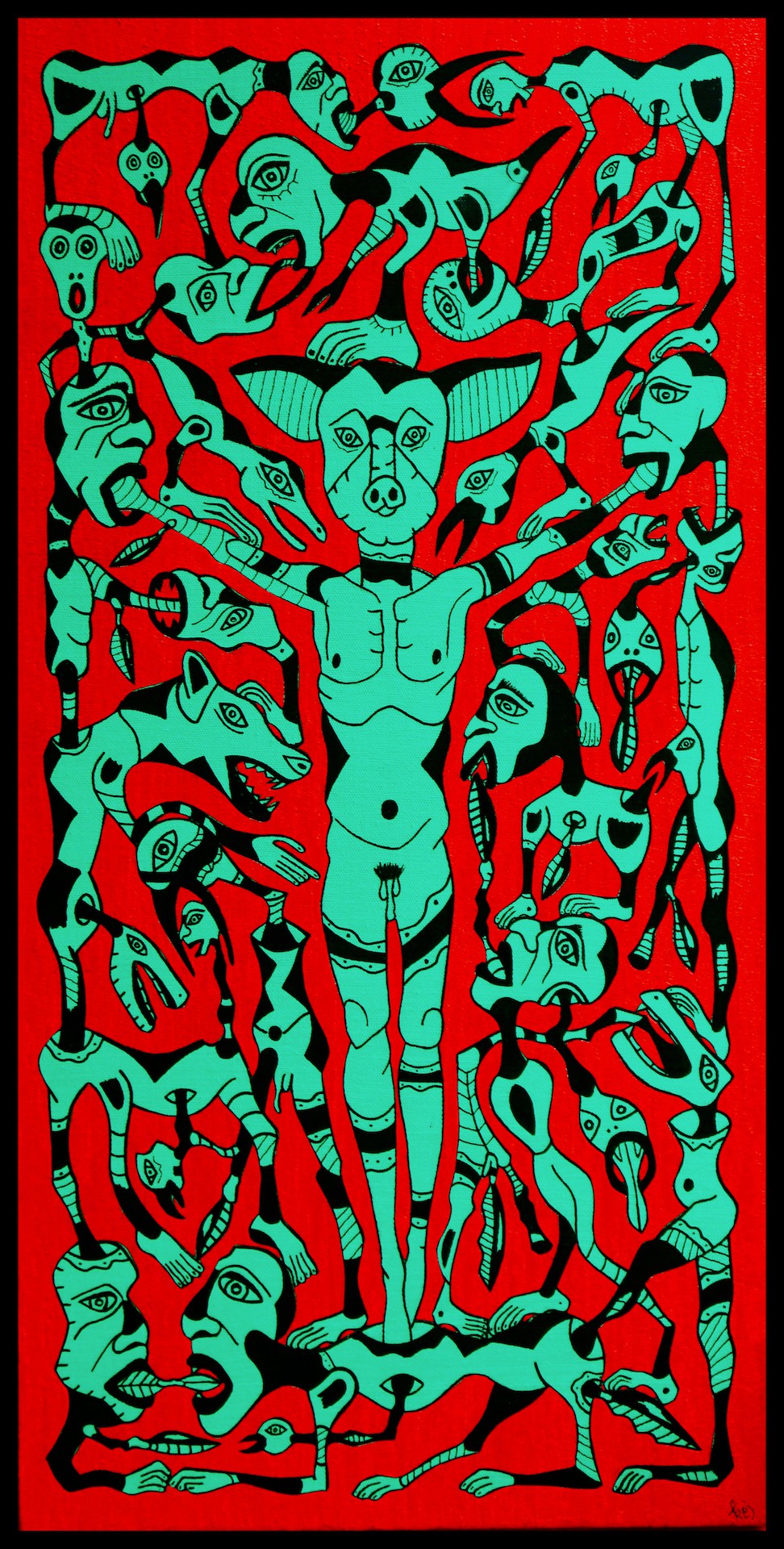 A red and green painting of a man surrounded by animals.