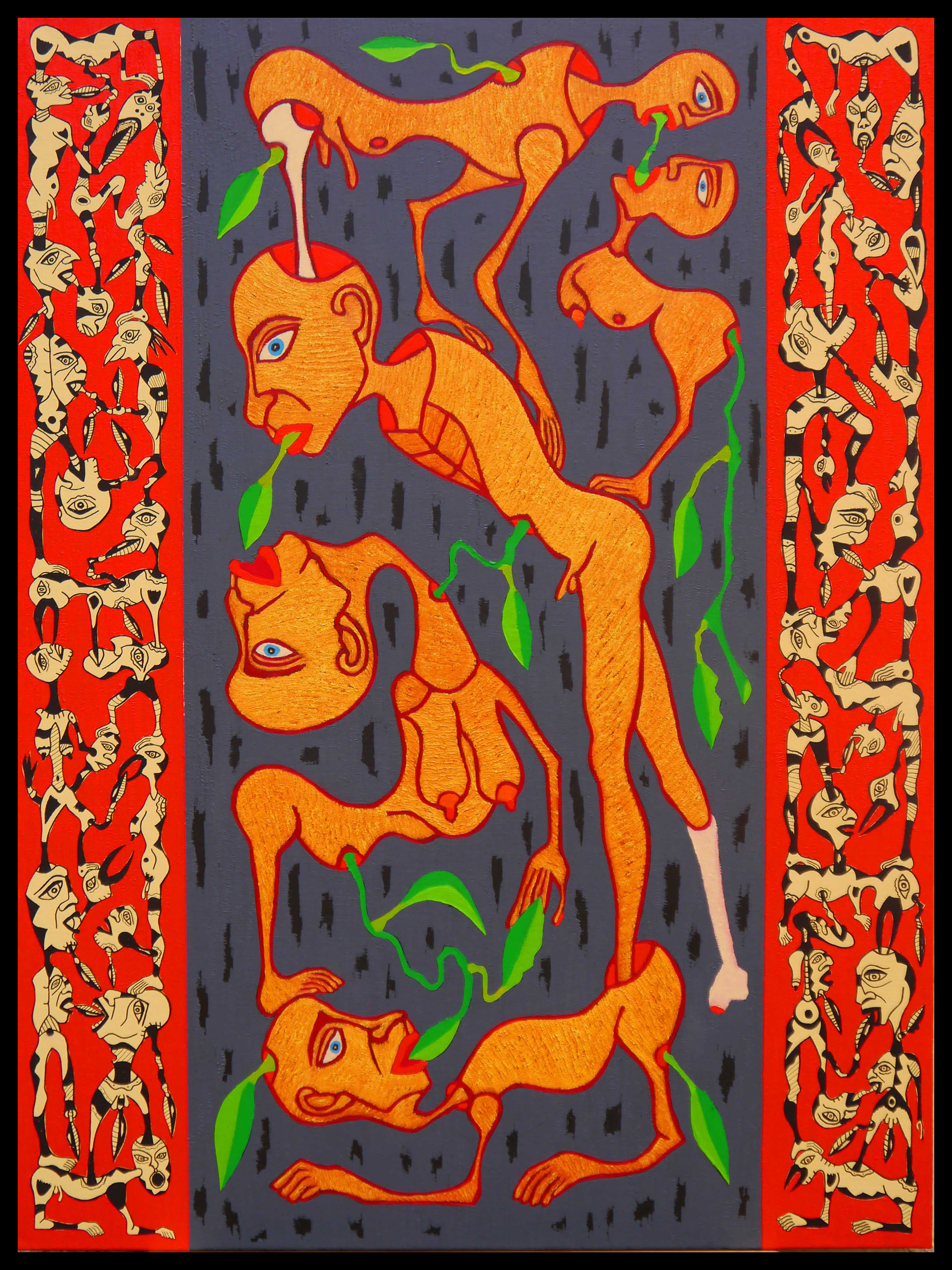 A painting of a group of people in a forest.