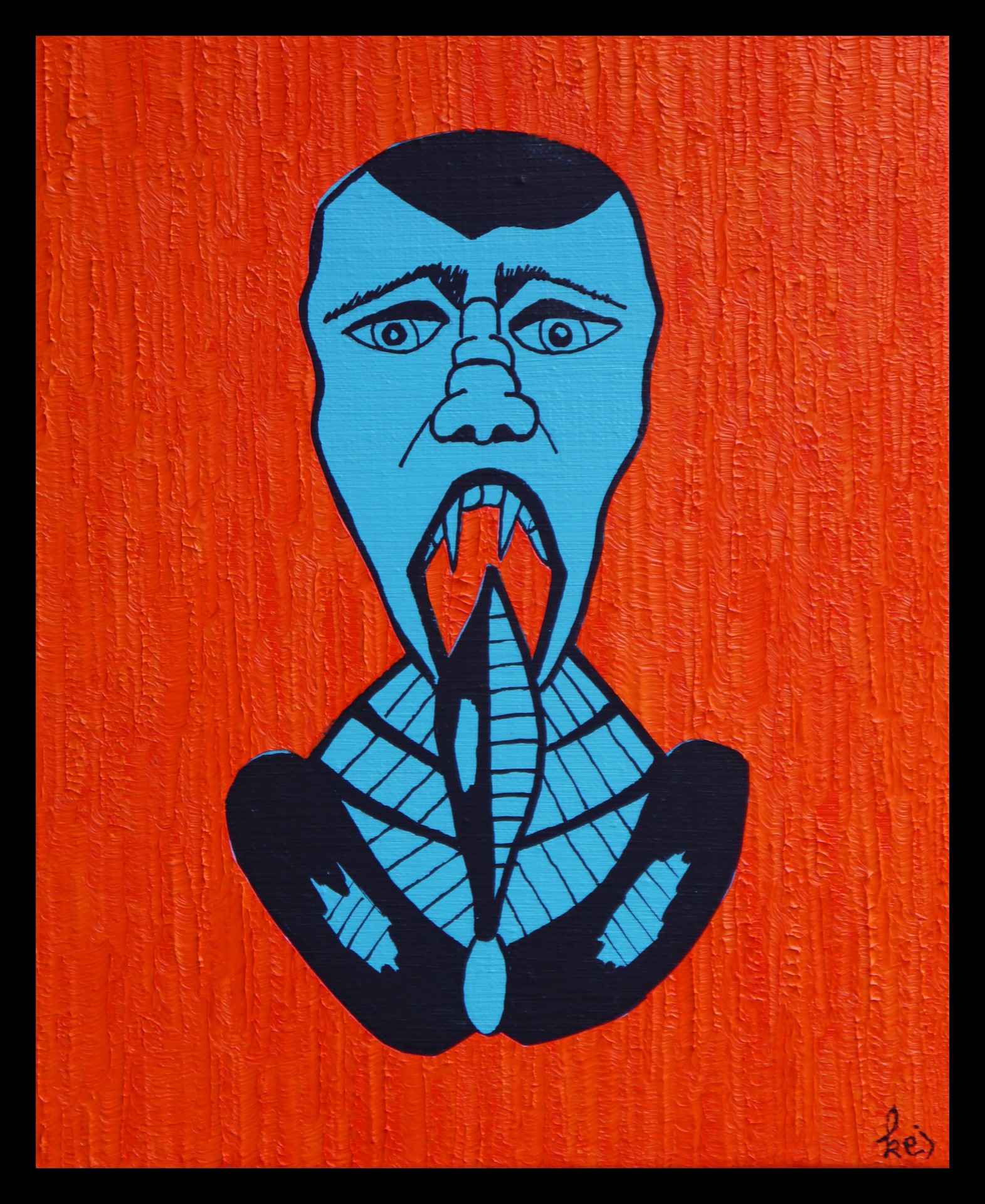 A painting of a man with a snake in his mouth.