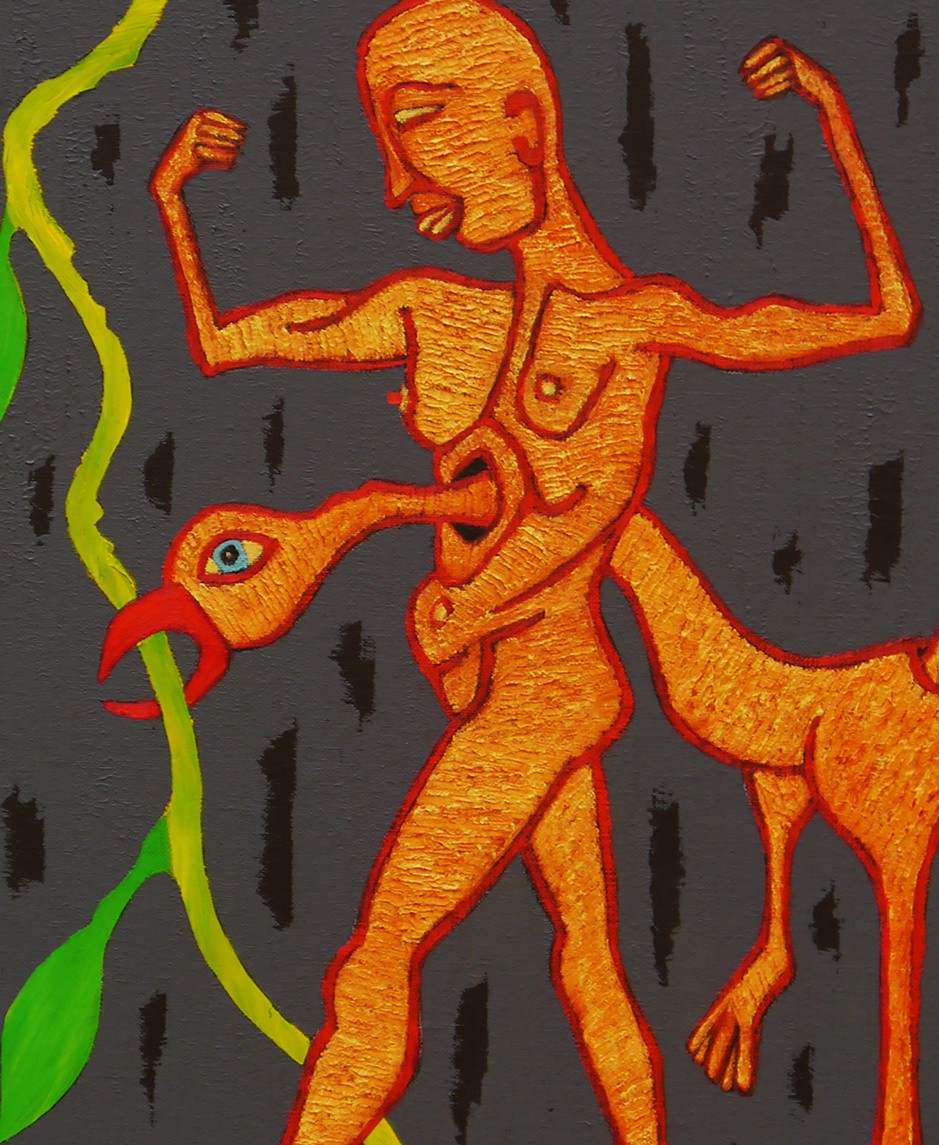 A surreal, textured painting of a muscular figure with a bird head emerging from its torso against a dark background.