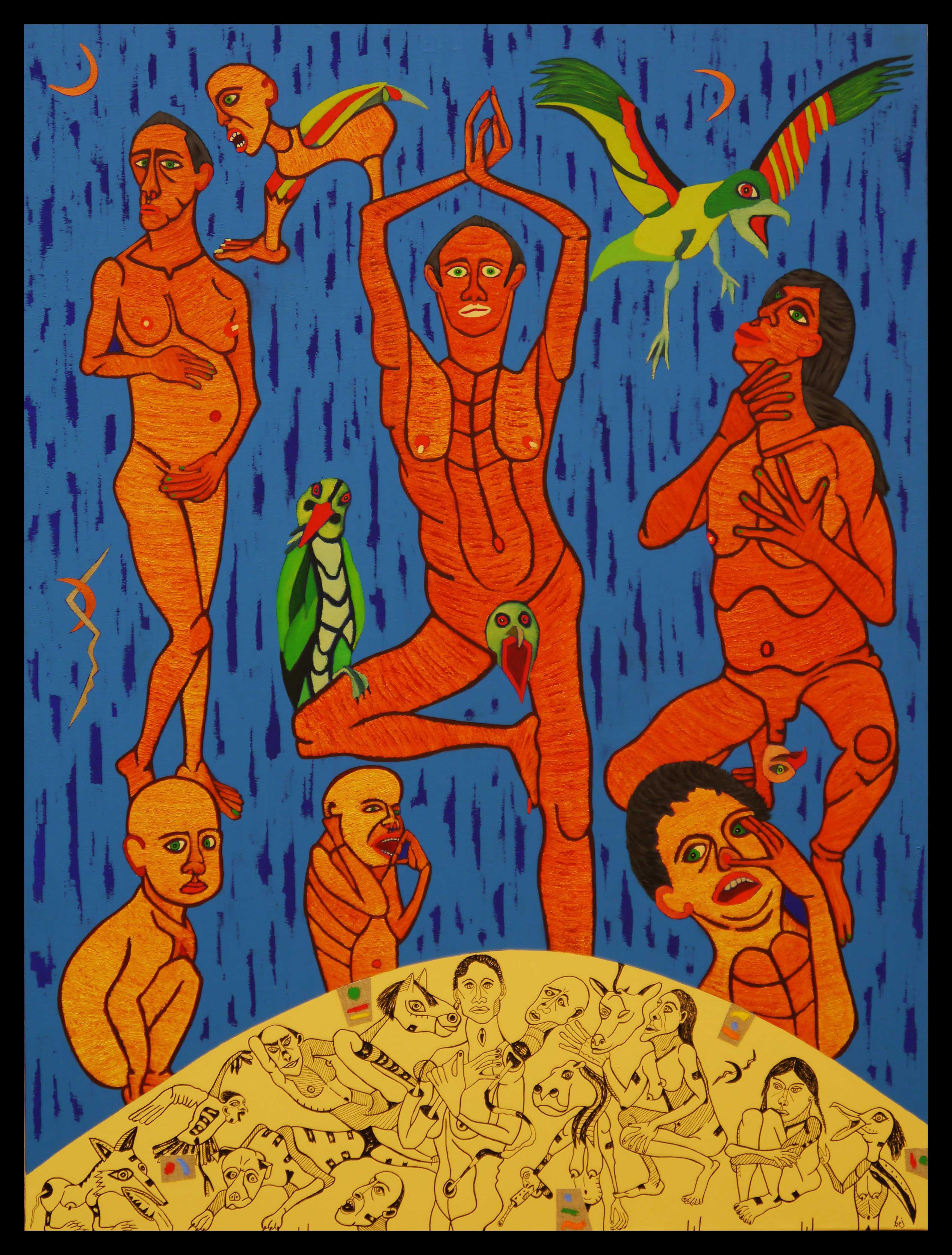 A vibrant, stylized illustration of a group of orange figures in a rainstorm with a chaotic crowd at the bottom.