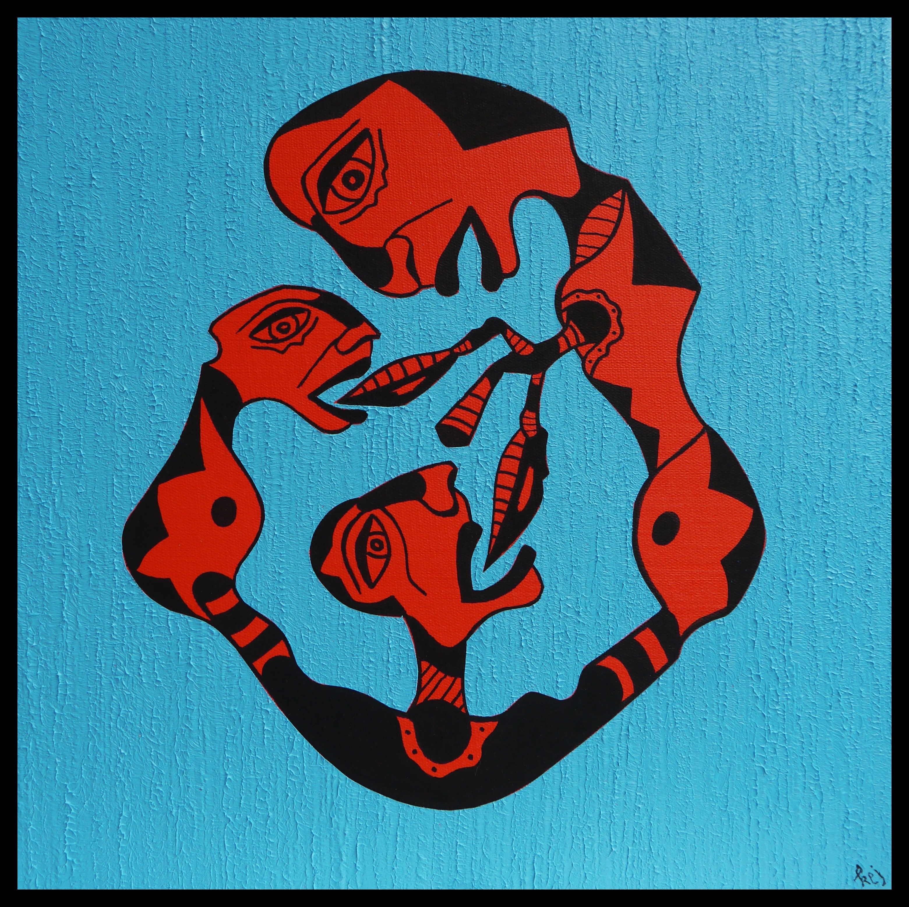 A blue wall with a red and black painting on it.