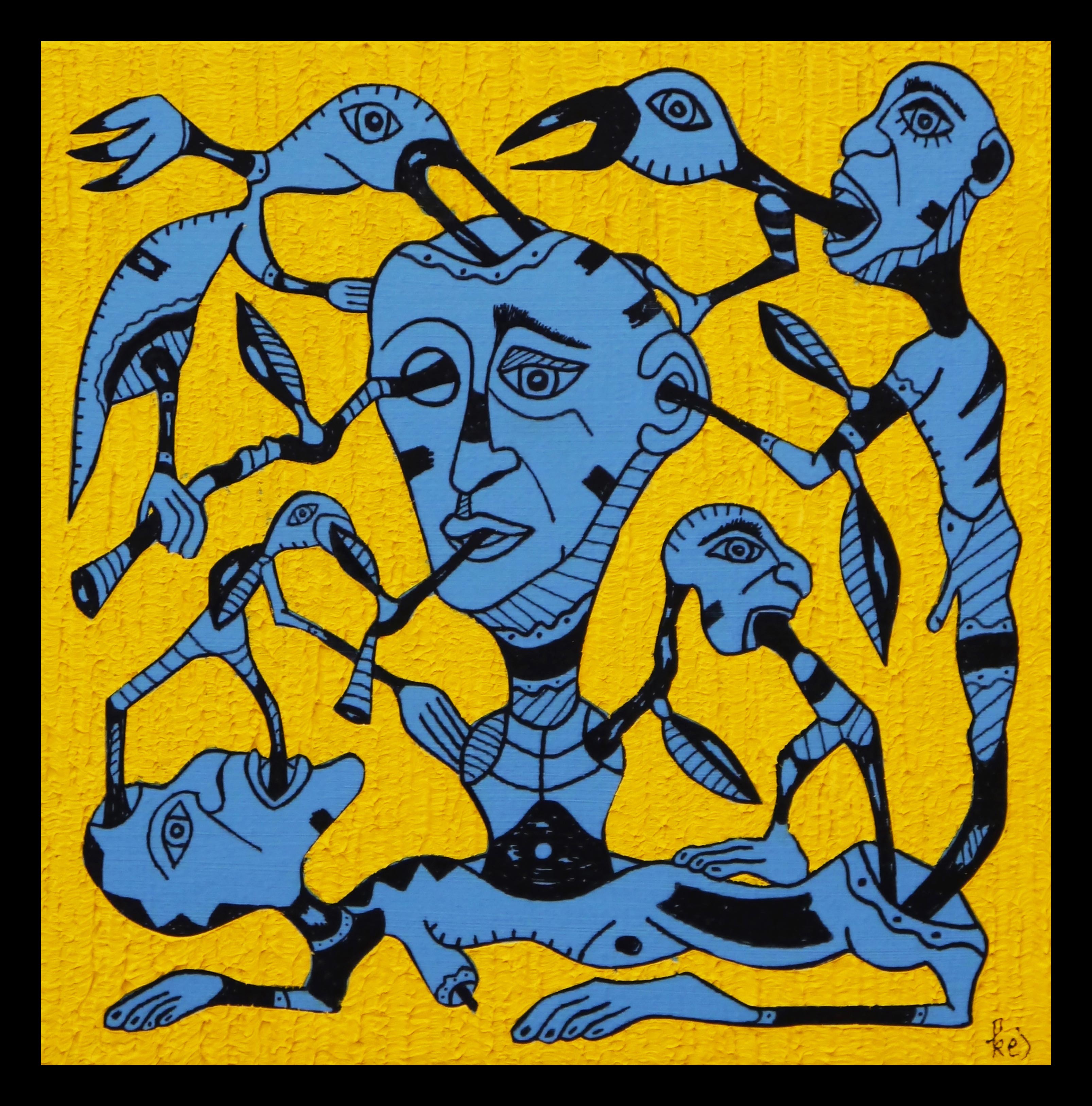 A painting of a man surrounded by birds on a yellow background.