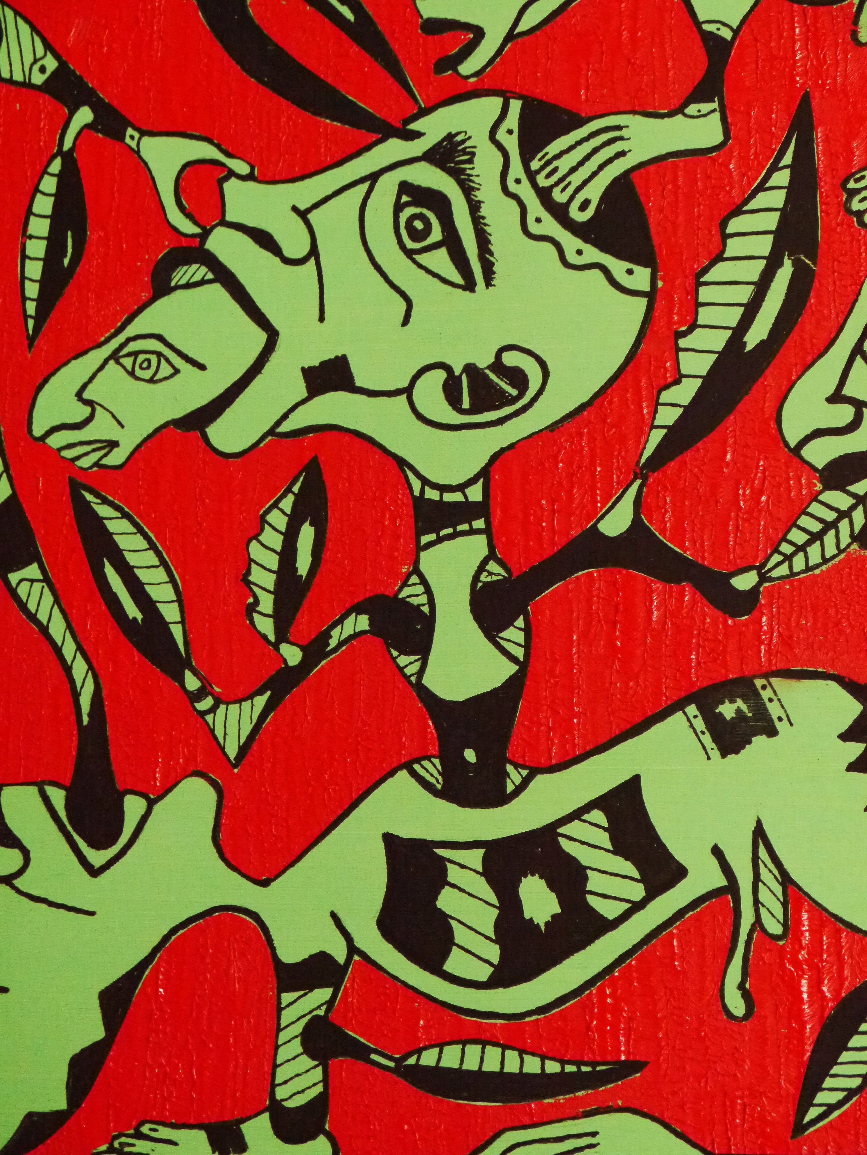 A painting of a group of people on a red background.