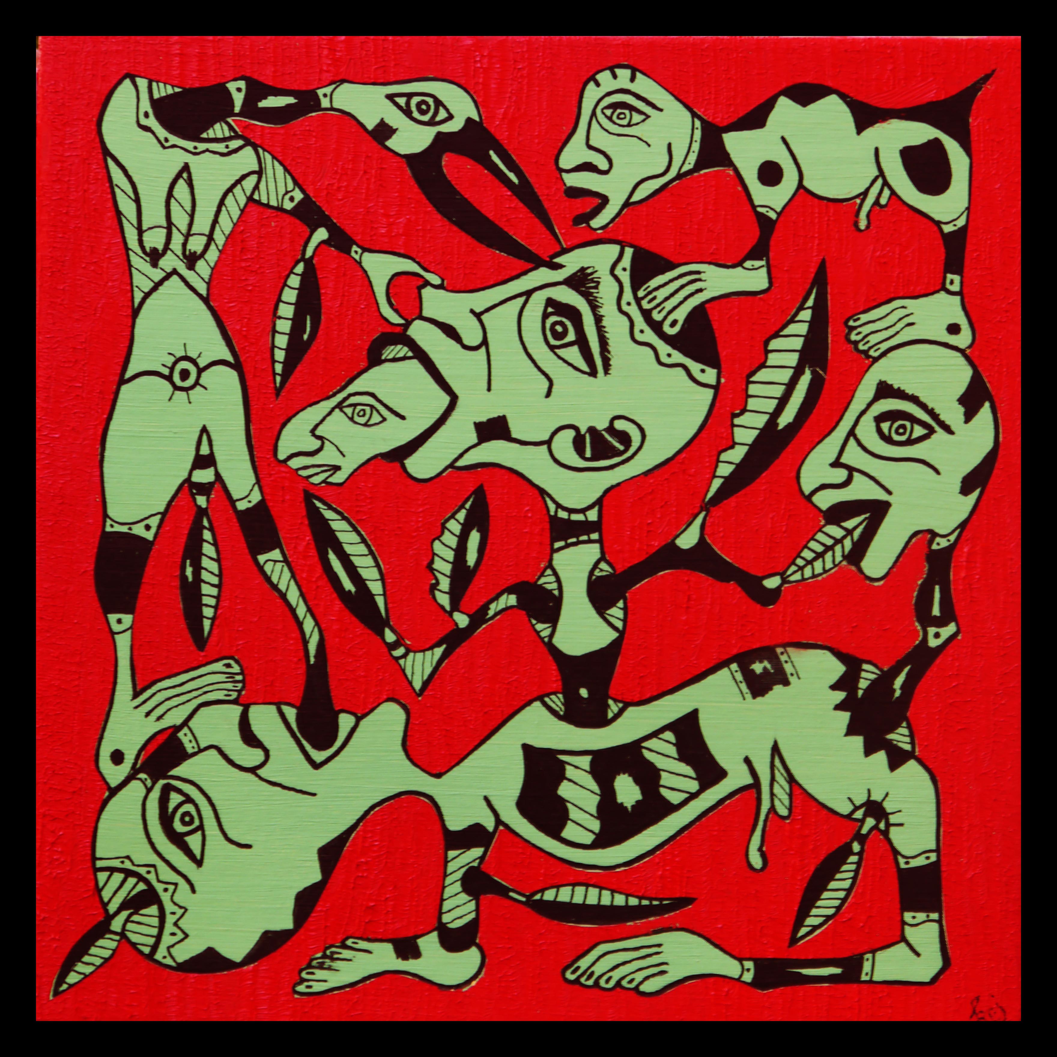 A painting of a group of people on a red background.
