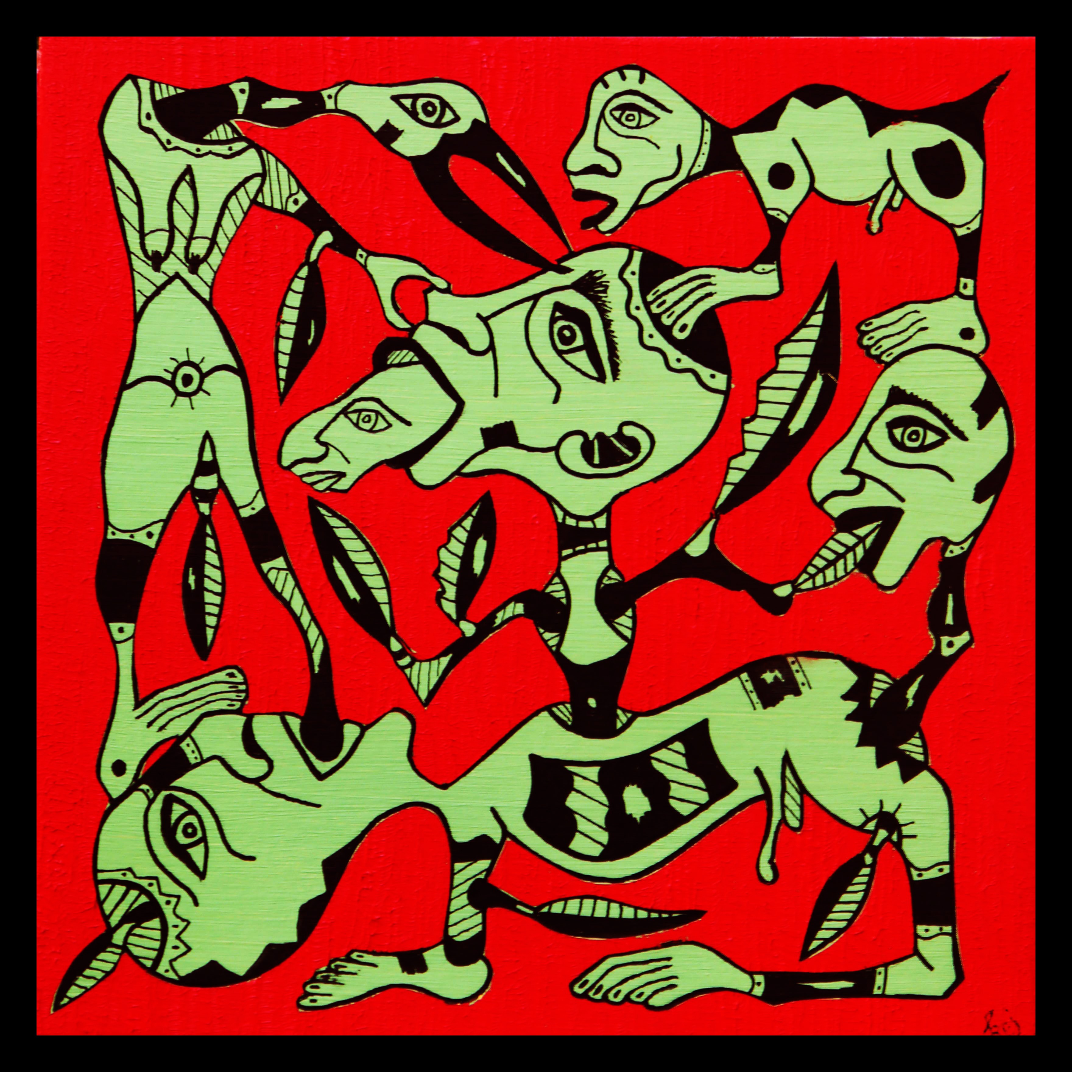 A painting of a group of people on a red background.