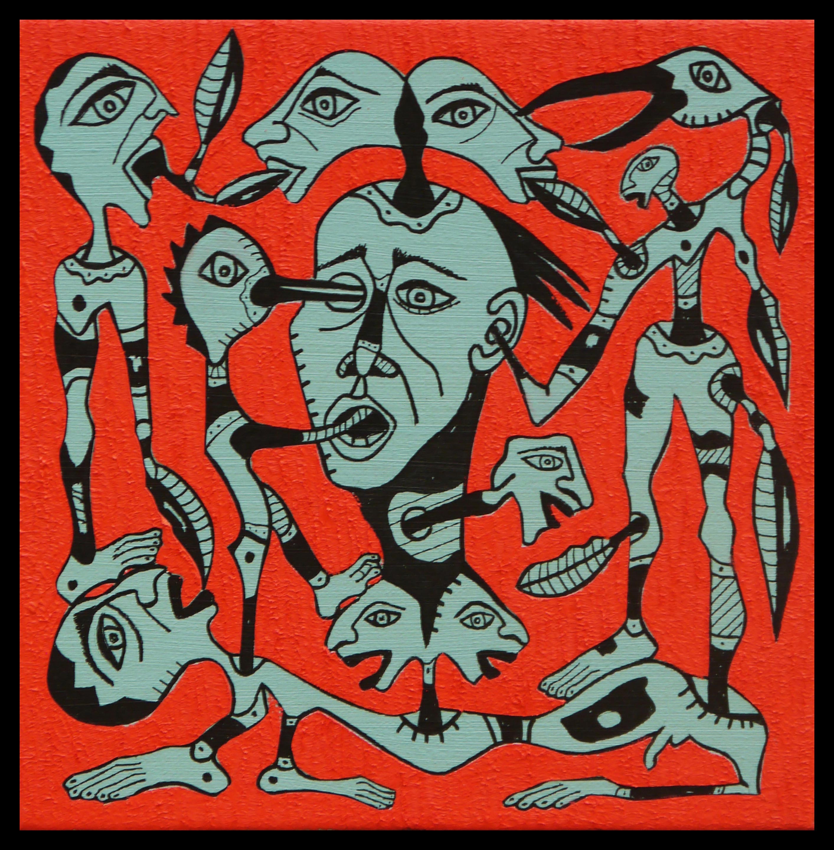 A painting of a group of people on a red background.