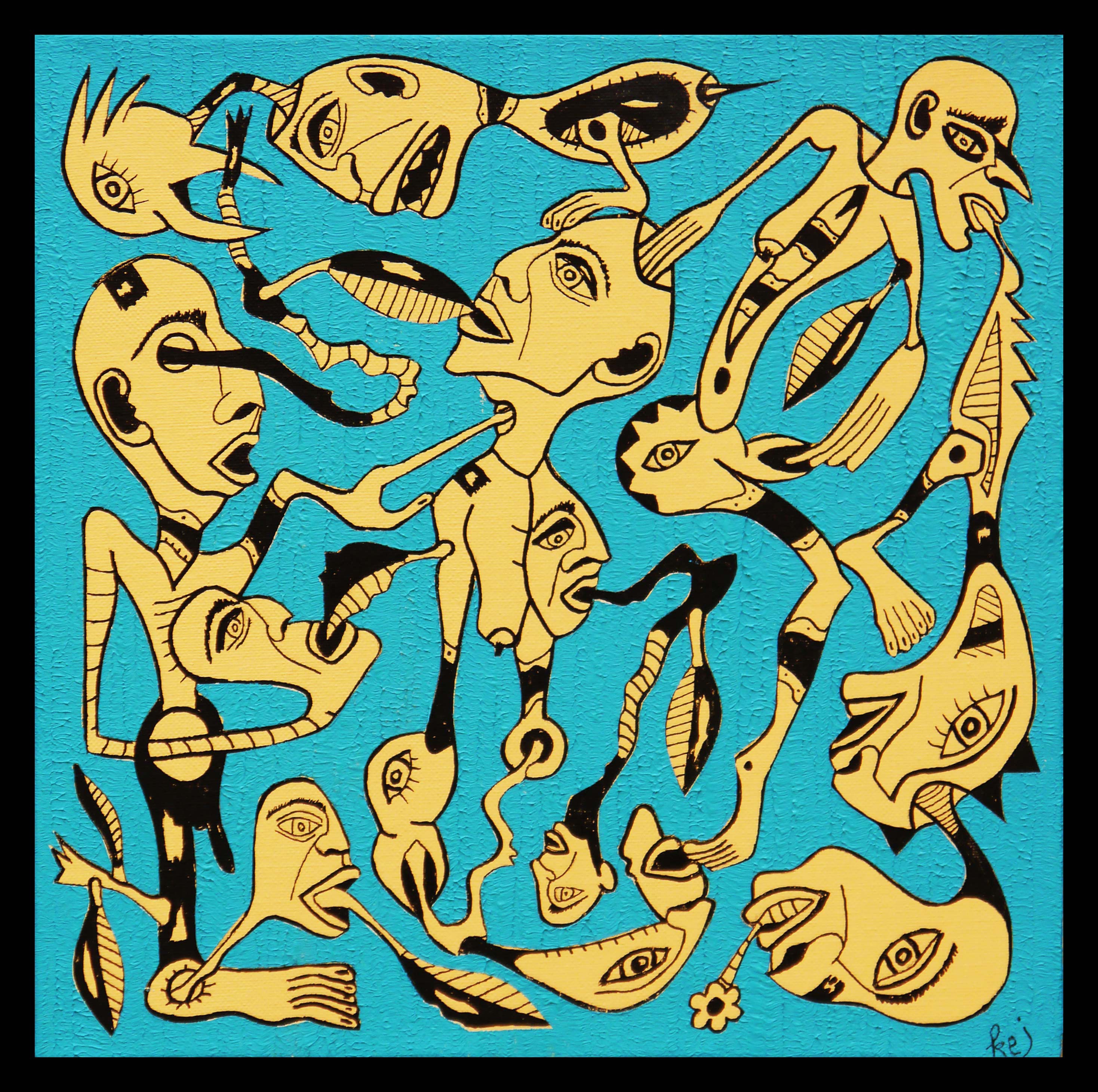 A blue and yellow painting of a group of people.