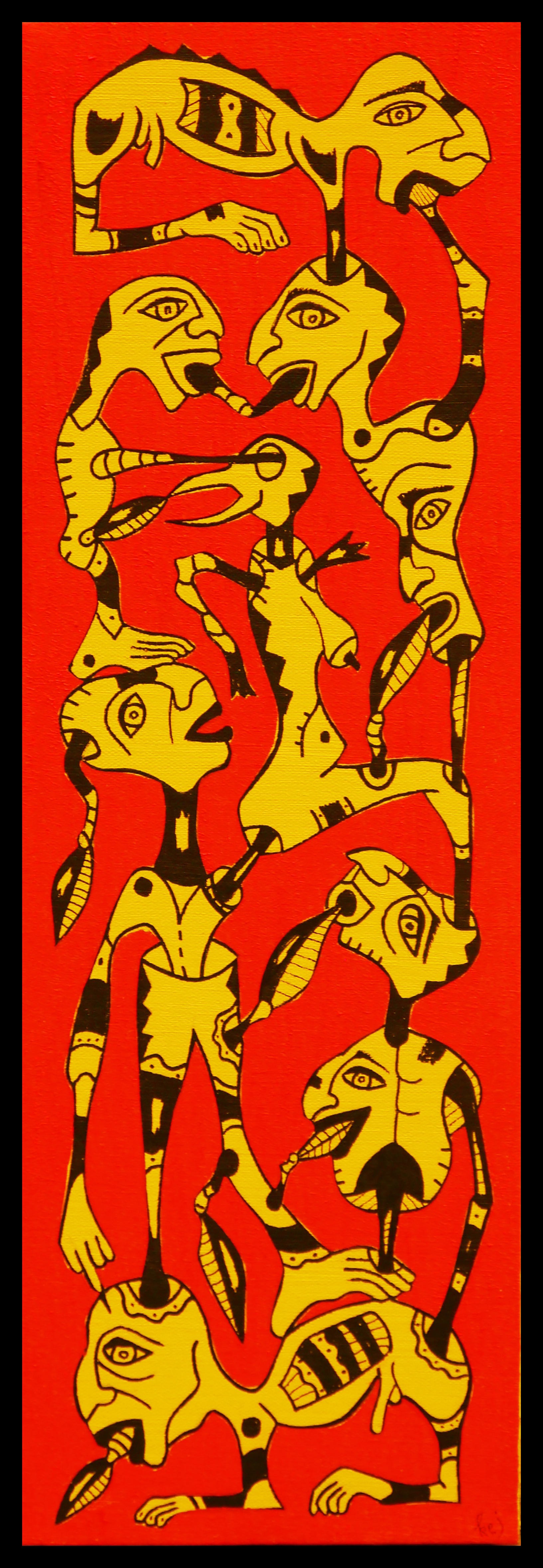 A painting of a group of people on a red background.