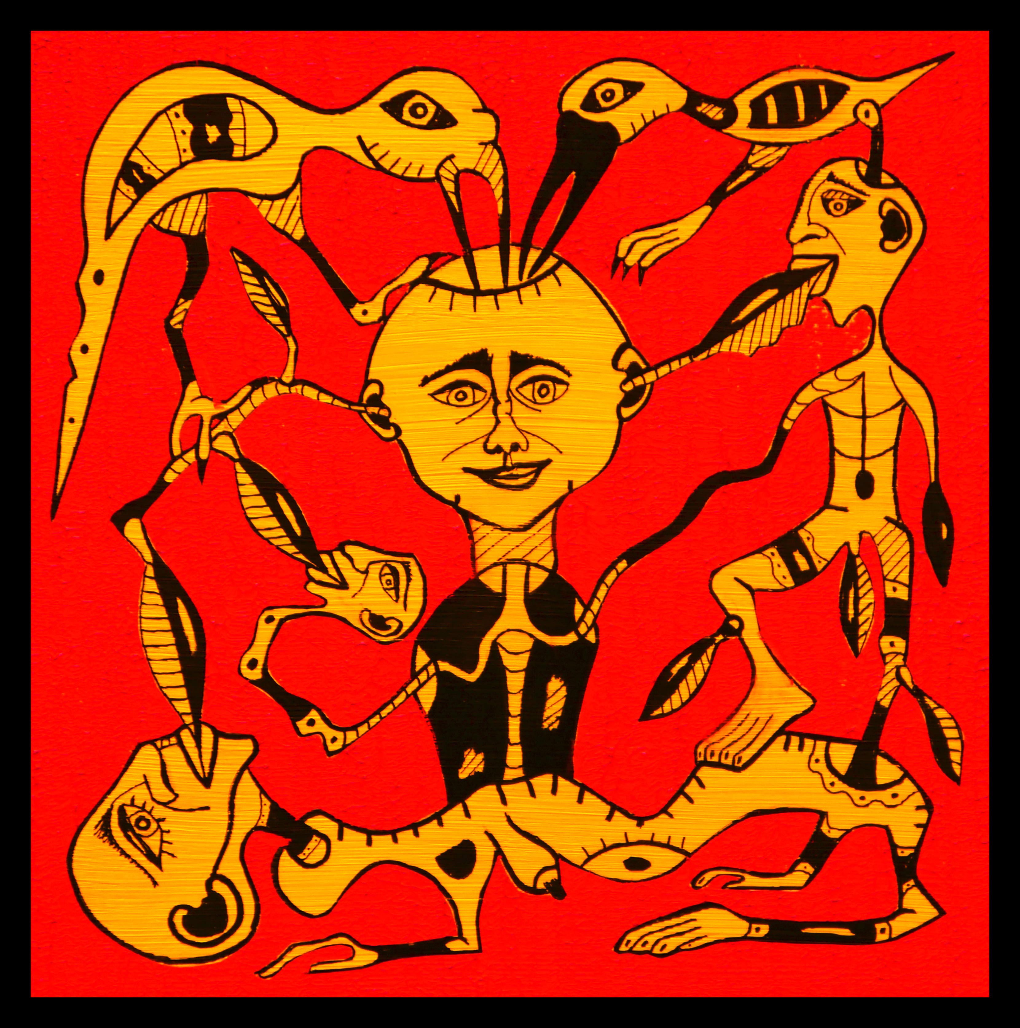 A painting of a man surrounded by birds on a red background.