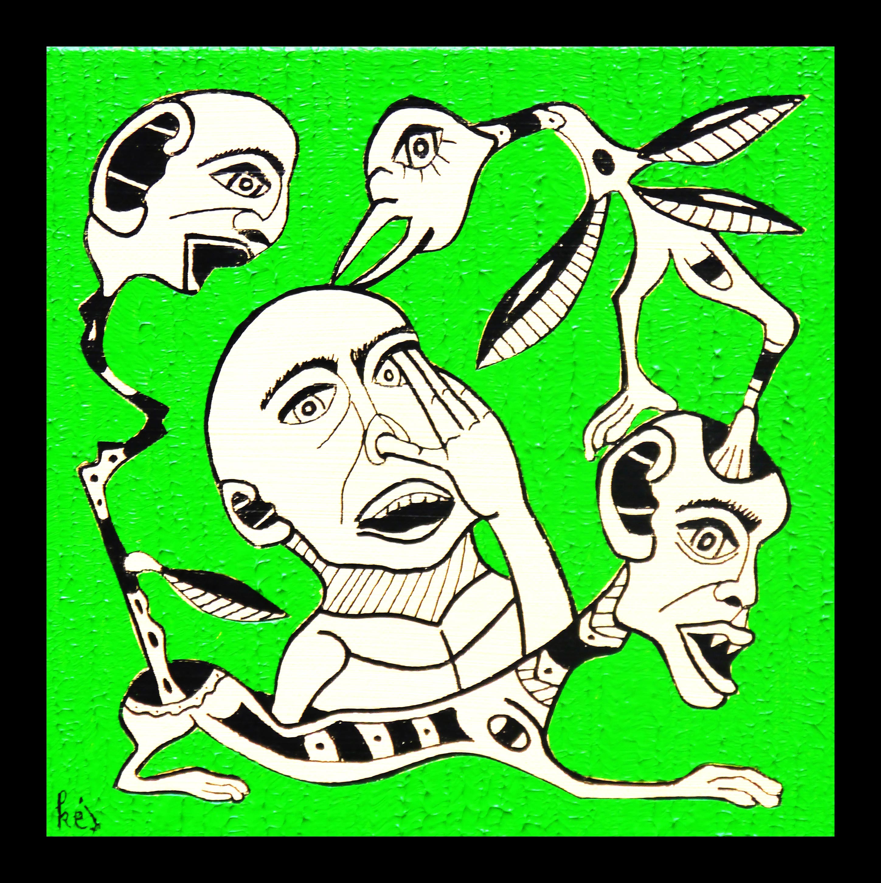 A painting of a man surrounded by birds on a green background.