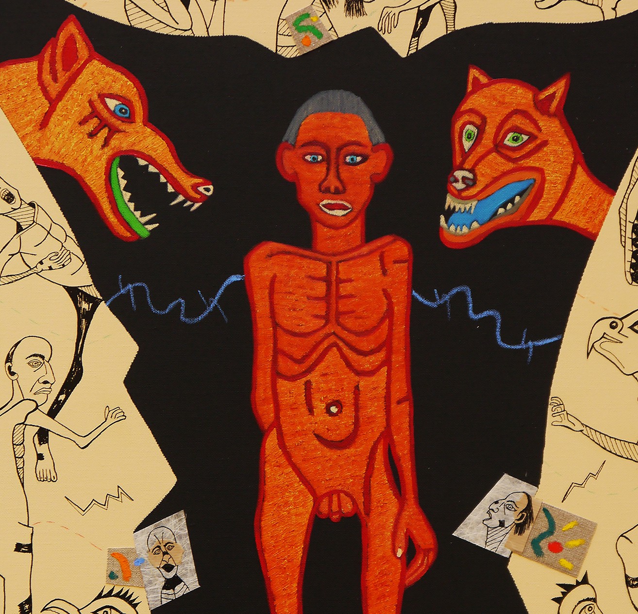 A surreal composition featuring a central orange figure flanked by two snarling animal heads against a dark void.