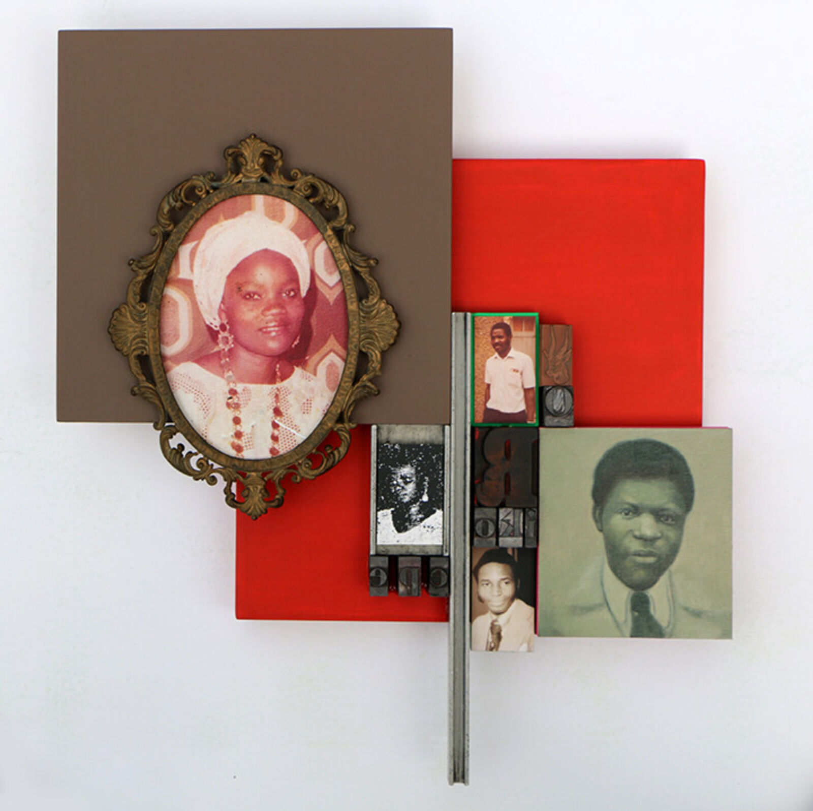 Artwork by Kelani Abass, Scrap of Evidence, (Ori ko Epe), Made of Digital print, cornerstone, wooden block, letterpress type, acrylic and oil on board 