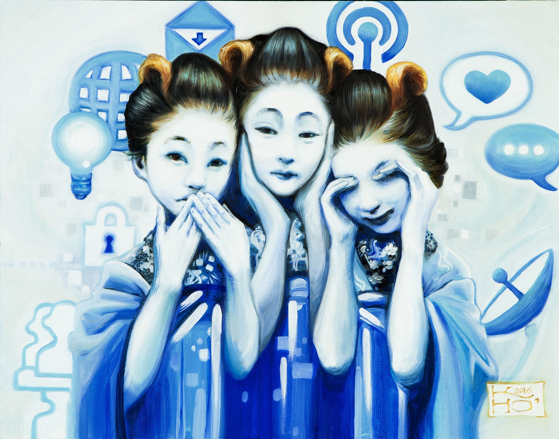 A painting of three geishas with their hands covering their faces.