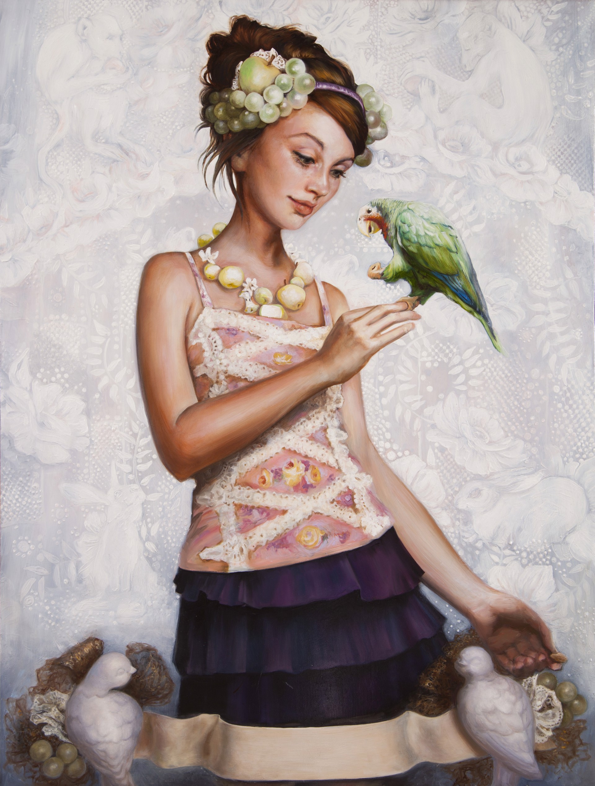 A painting of a woman holding a parrot in her hand.