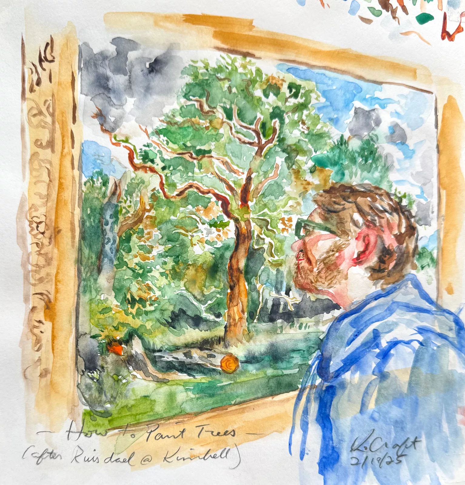 A watercolor study of a figure observing a vibrant tree through a window frame.