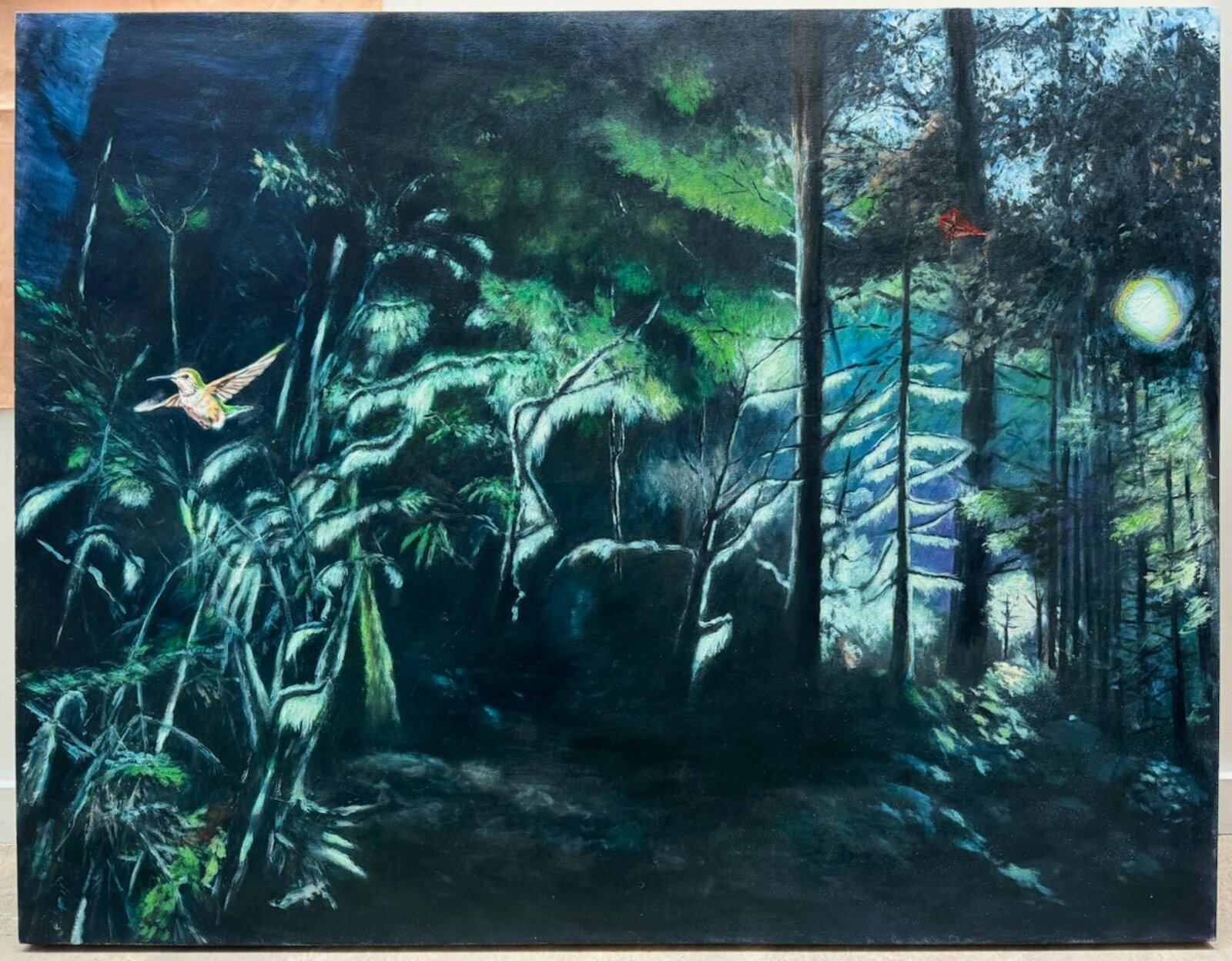 A mystical forest scene with a hummingbird and a glowing orb.