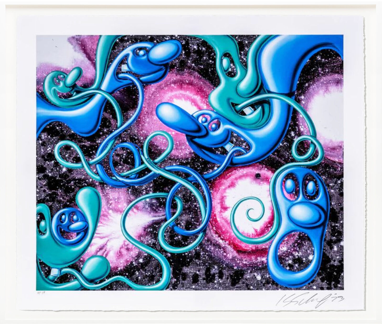 A painting of a group of blue and pink tentacles in a white frame.