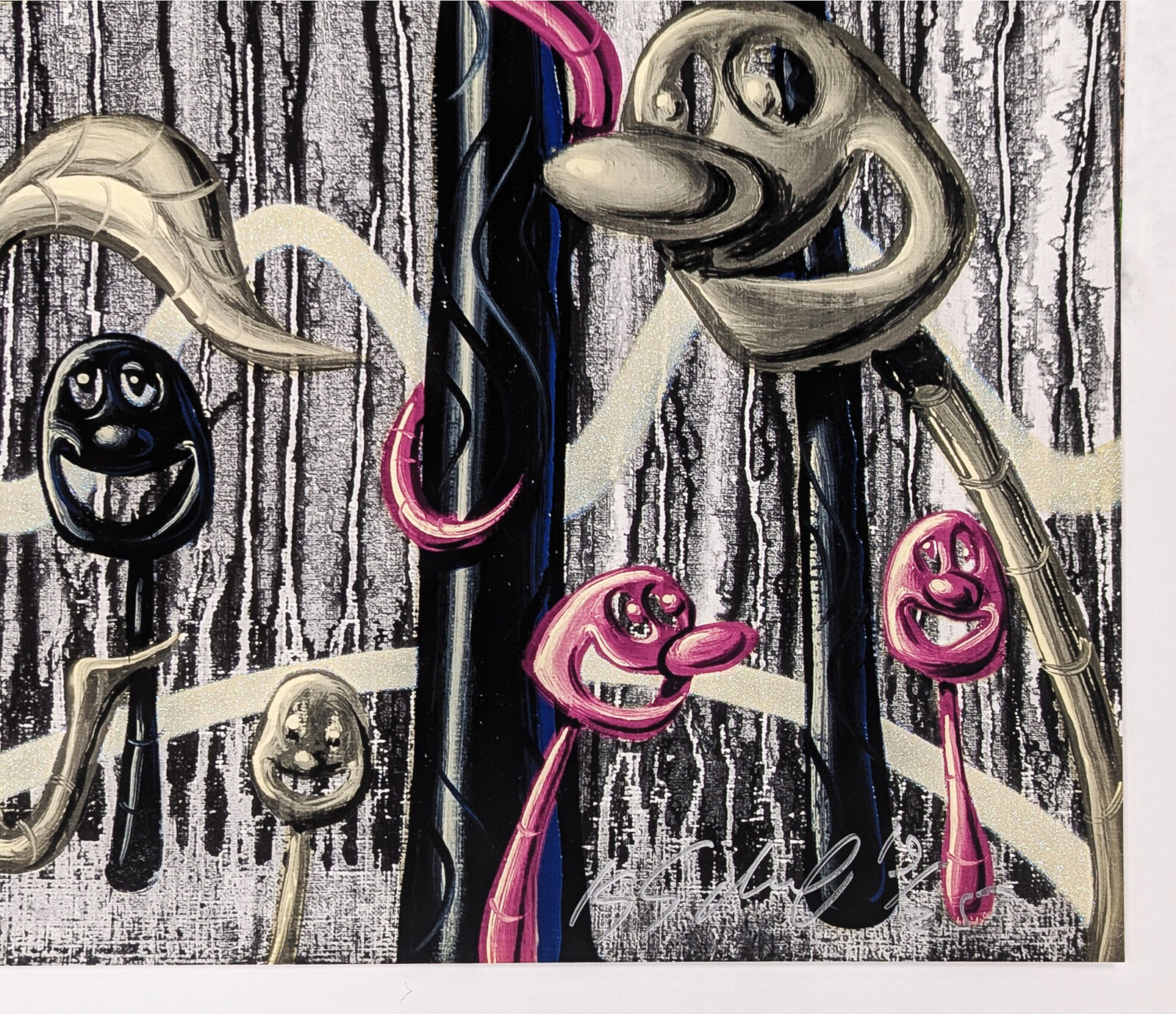 A black and white drawing of a tree with a smiley face.