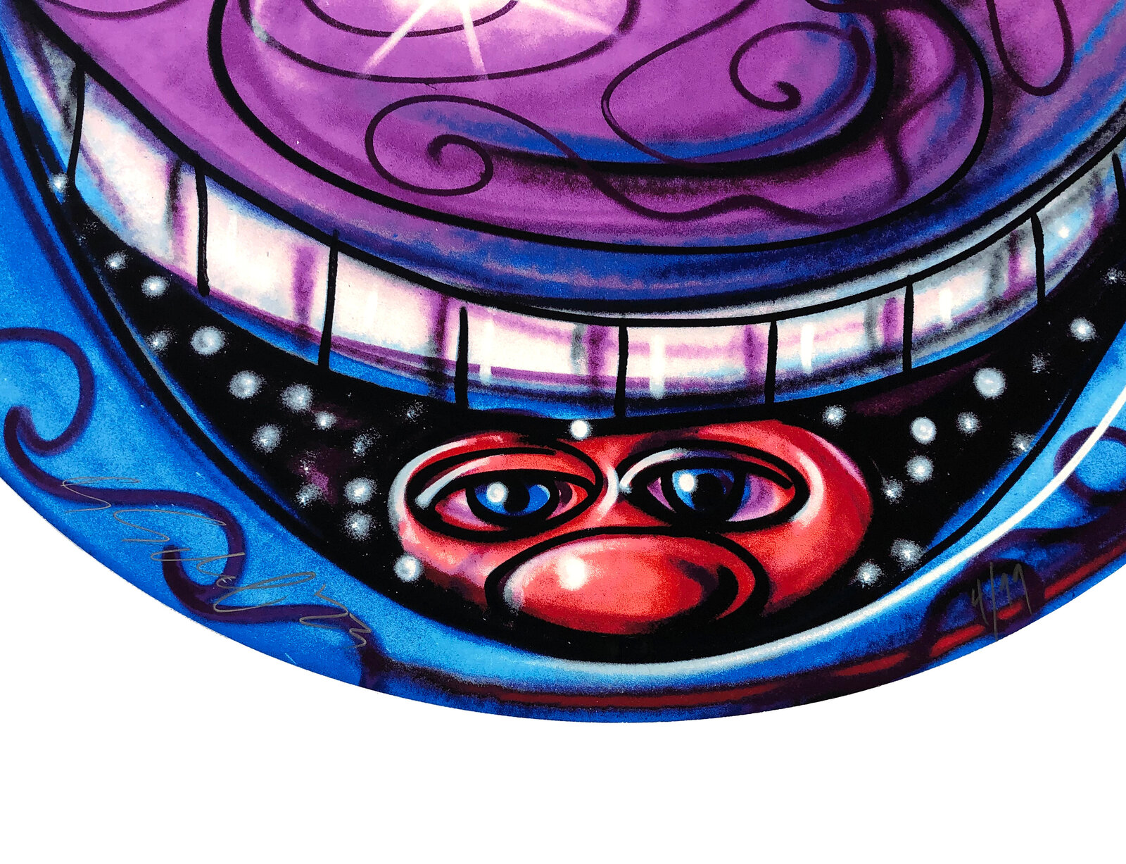 A vibrant, circular portrait of a whimsical face with a wide grin and a smaller face peeking from its mouth.