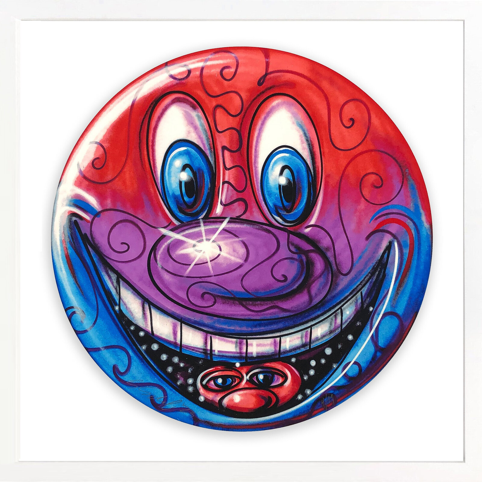 A vibrant, circular portrait of a whimsical face with a wide grin and a smaller face peeking from its mouth.