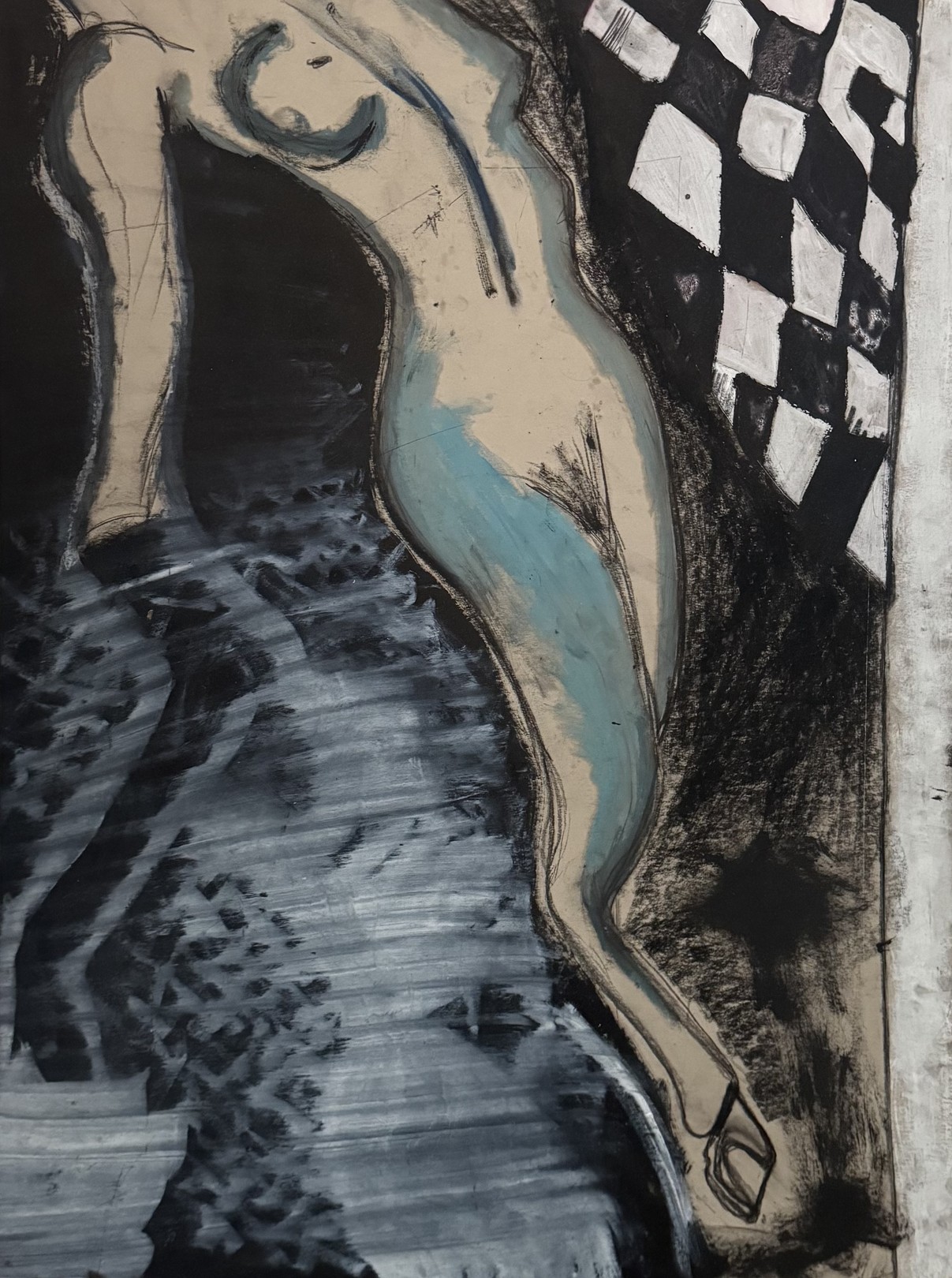 A painting of a nude woman standing in front of a checkered wall.