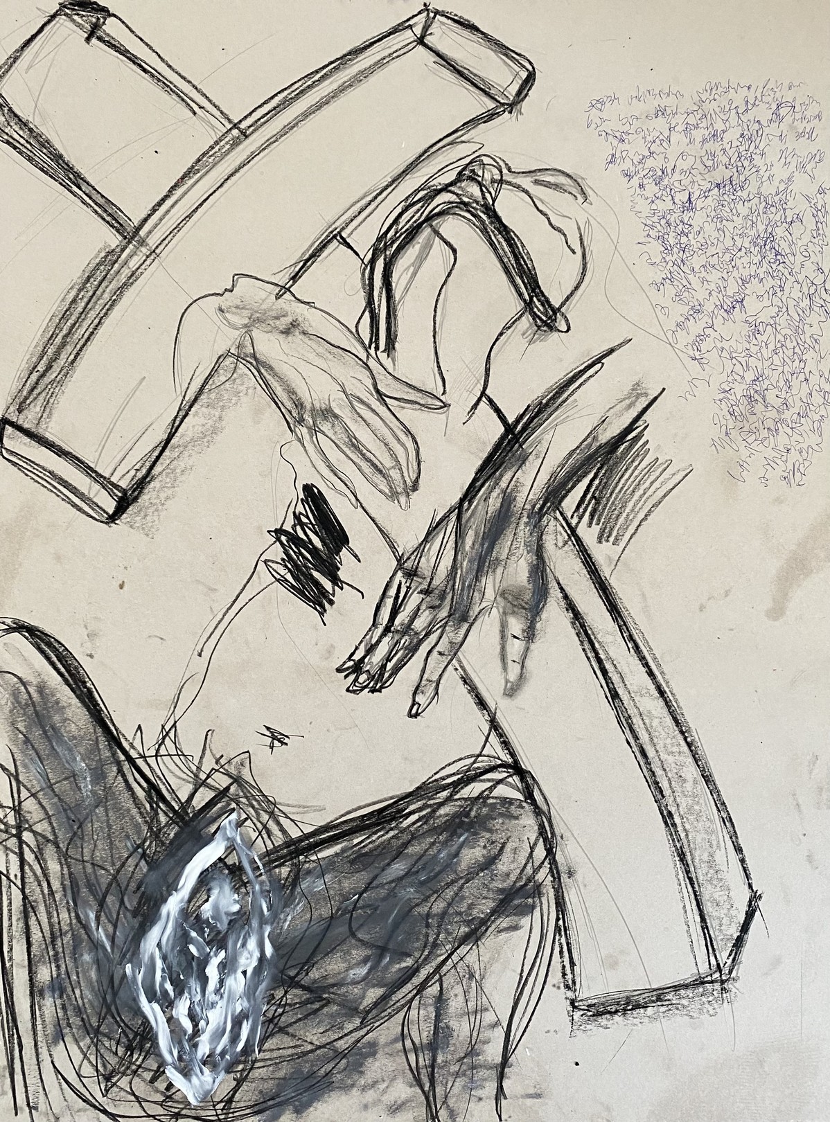 A dynamic charcoal sketch of a seated figure with expressive, loose lines.