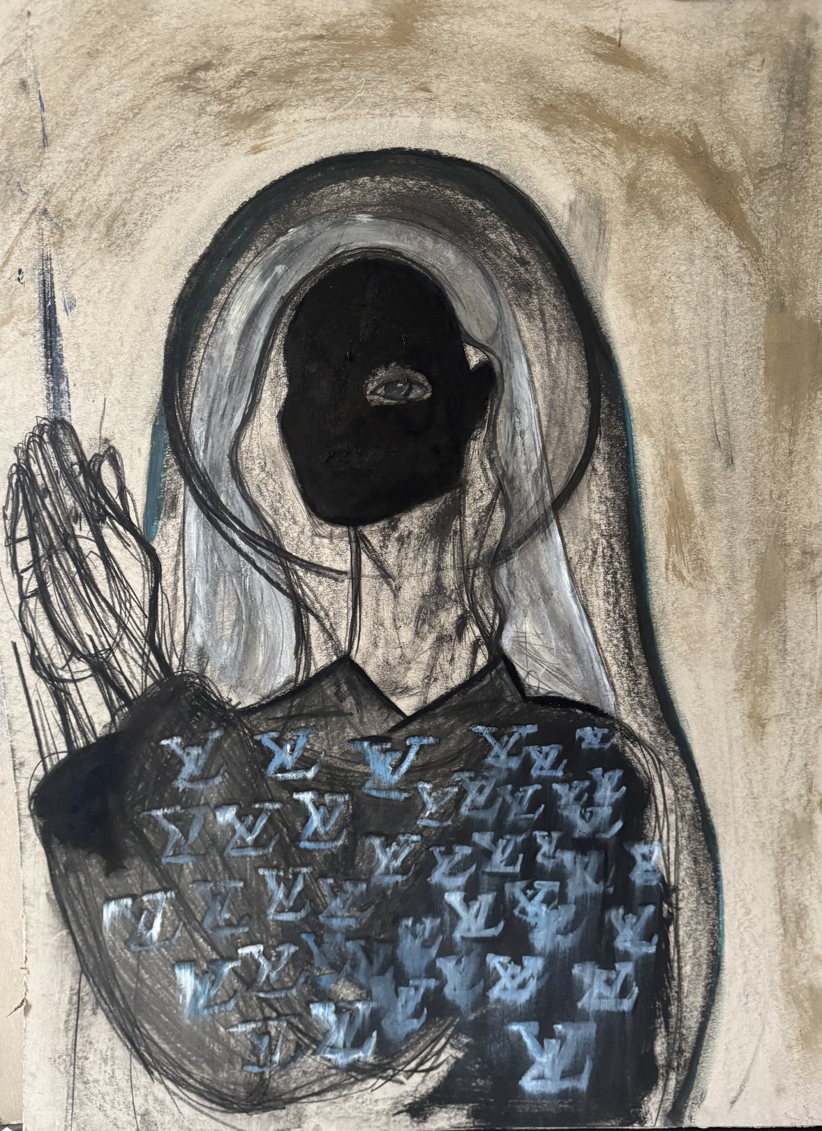 A monochromatic figure with a dark face and glowing eyes, surrounded by abstract symbols.